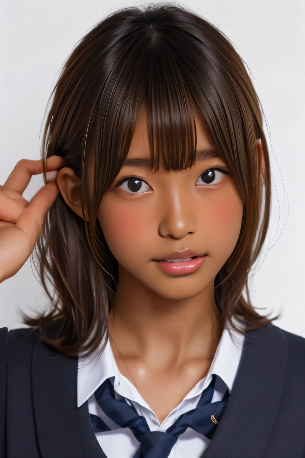(((( one girl )))), covers his mouth with his hands、 Beautiful breasts、 Brown Eyes , (( gal hairstyle)) blonde alone, girl, ( eye and face detail:1.0), break, (masterpiece, top quality, very detailed , detail face opening the vagina , 8k),( dark skin tone :2.05 ), (((( school uniform )))),( open her mouth ),(((( Thick lips )))), Showing your belly button