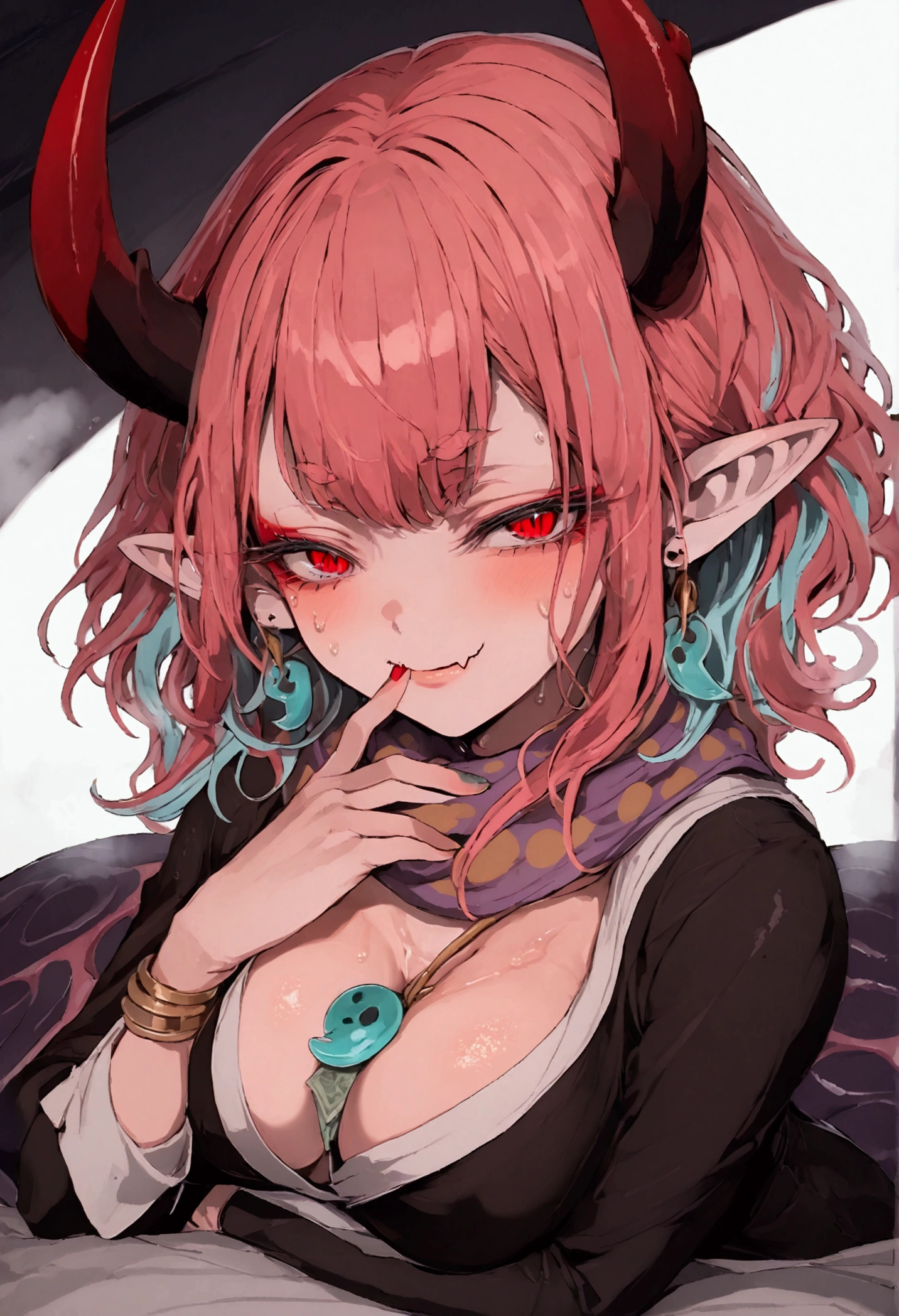 lamia, monster girl, dark skin, grey skin, colored skin, short hair, multicolored hair, aqua hair, pink hair, sidelocks, red eyes, makeup. eyeliner, oni, horns, pointy ears, bracelet, magatama, jewelry, robe, scarf, polka dot, earring, condom packaging between breasts, mesugaki, smug, skin fang, hand to own mouth, full body, , detailed eyes, sweaty, fog