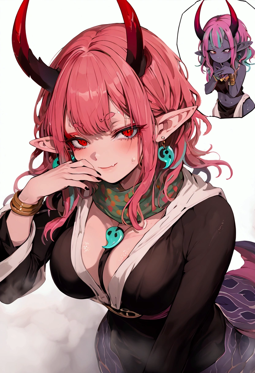 lamia, monster girl, dark skin, grey skin, colored skin, short hair, multicolored hair, aqua hair, pink hair, sidelocks, red eyes, makeup. eyeliner, oni, horns, pointy ears, bracelet, magatama, jewelry, robe, scarf, polka dot, earring, condom packaging between breasts, mesugaki, smug, skin fang, hand to own mouth, full body, , detailed eyes, sweaty, fog