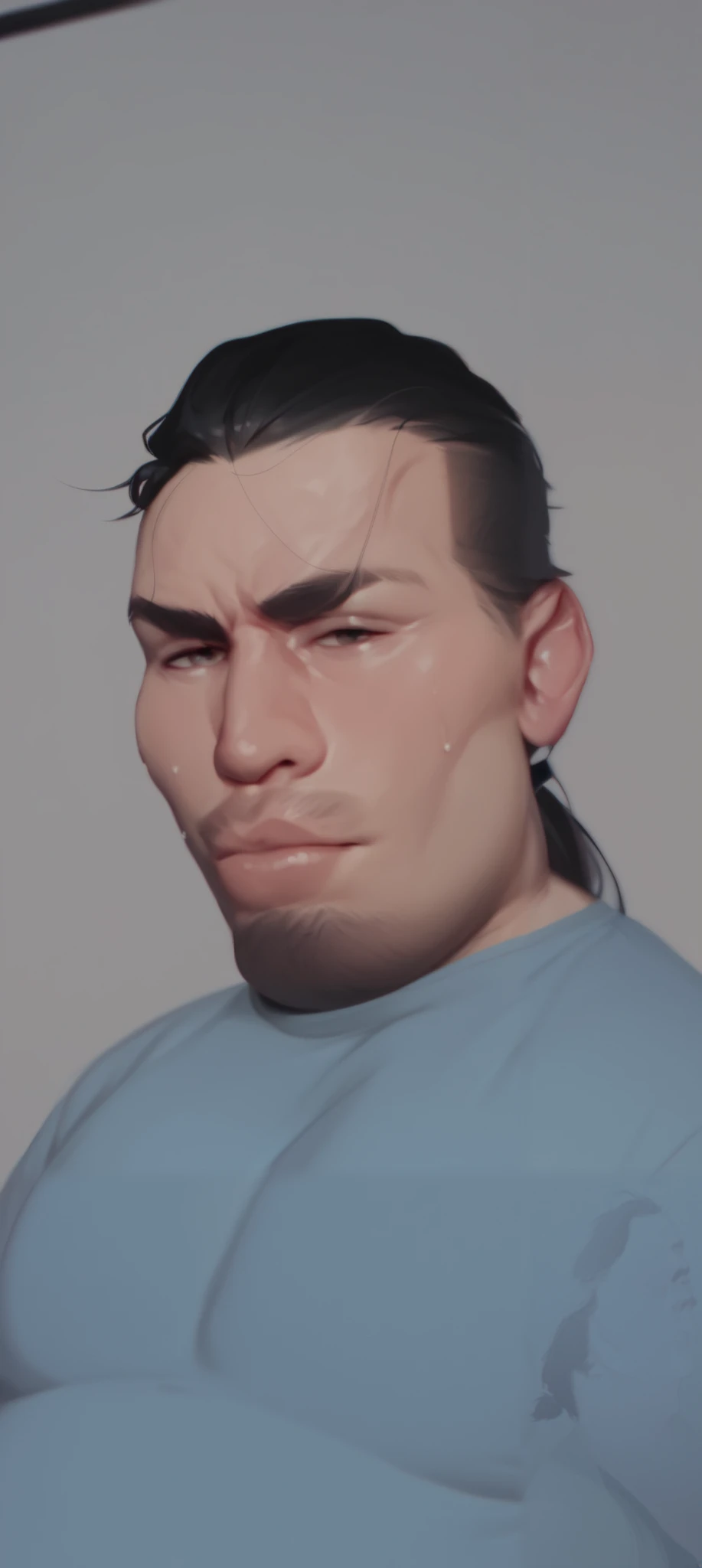 Chad face, black hair, tied up in ponytail, chubby, white male, grey shirt