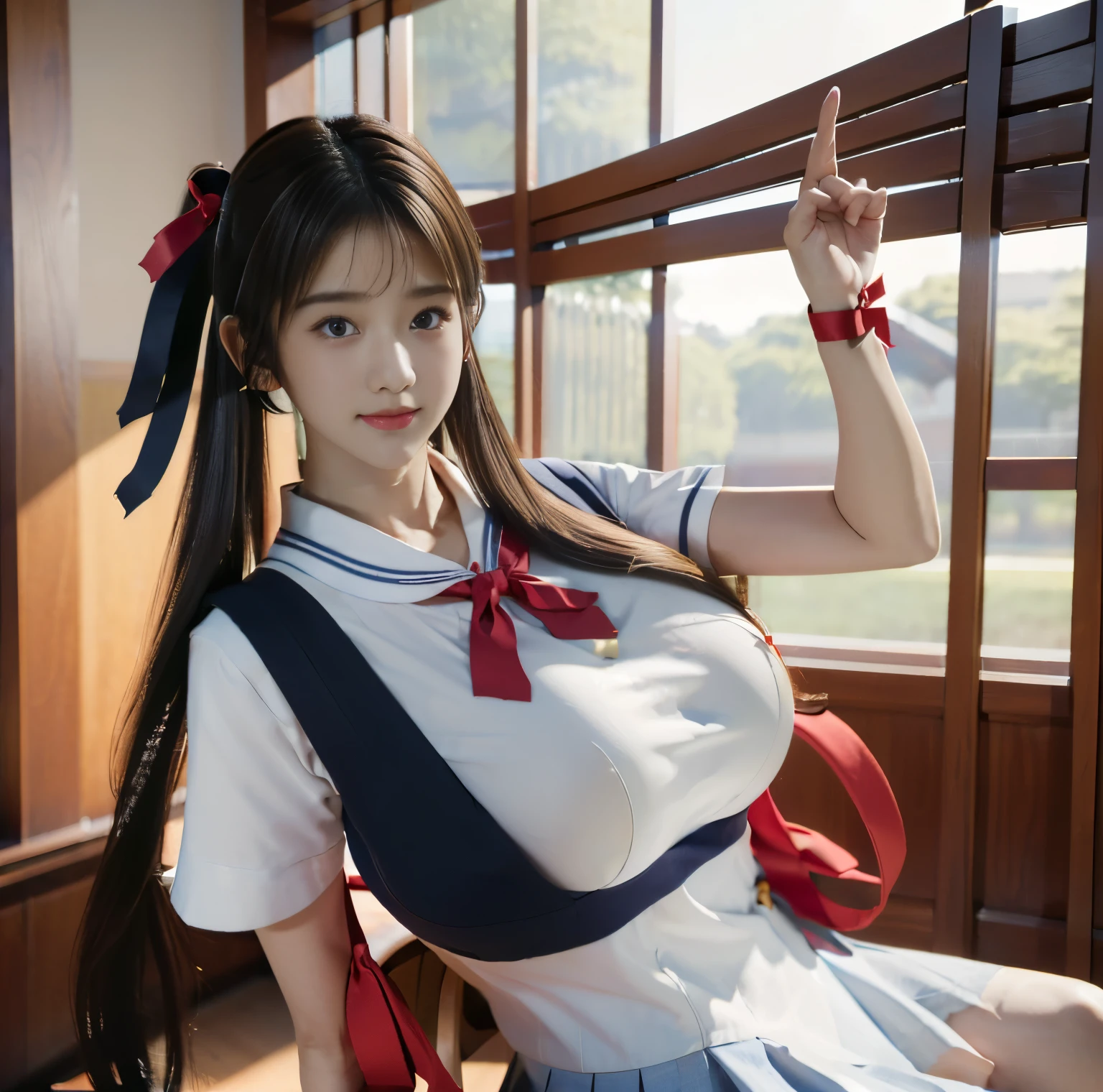 (top-quality, 4K picture quality, masterpiece, Professional lighting without shadows, A hyper-realistic), perfect anatomia, Two girls, ( with perfect body、Colossal breasts with tension:1.2), Bright and even whitening skin without wrinkles and steps, (Reflects a lot of light with bright and beautiful blue eyes with long eyelashes and plump red tear bags:1.2)、 Cute hairstyles, (Schoolgirl uniform gets wet and sticks to the skin, A tight-fitting blouse made of white ultra-thin fabric covers the upper body、Dress up with a super short super mini pleated skirt), (The skirt is too short and exposes the crotch and big buttocks:1.3), (She proudly shows off her huge breasts and crimson ribbon tie from the front), ((Another girl on the other side、- She is showing off her big butt from directly behind)),