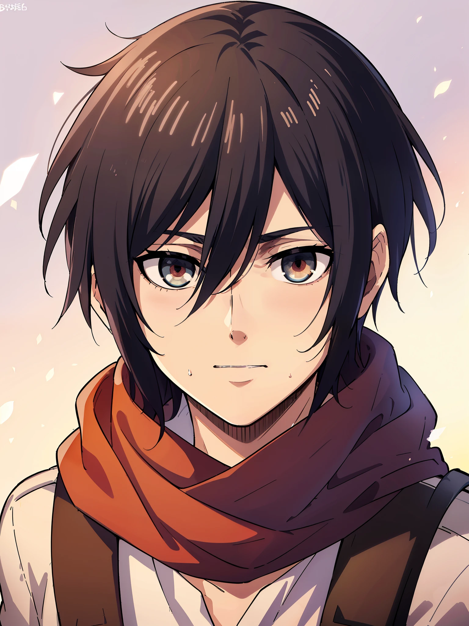 (high-quality, breathtaking),(expressive eyes, perfect face) 1boy, male, solo, portrait, narrow eyes, kind face, neutral expression, soft cute smile, aot style, portrait, Symmetrical Eyes, black hair, red eyes, teenager, blue background, black coat, open coat, white shirt, backpack, black pants, mappastyles4, fluffy hair, half closed eyes, looking at viewer, facing viewer, red scarf, teenager, young face
