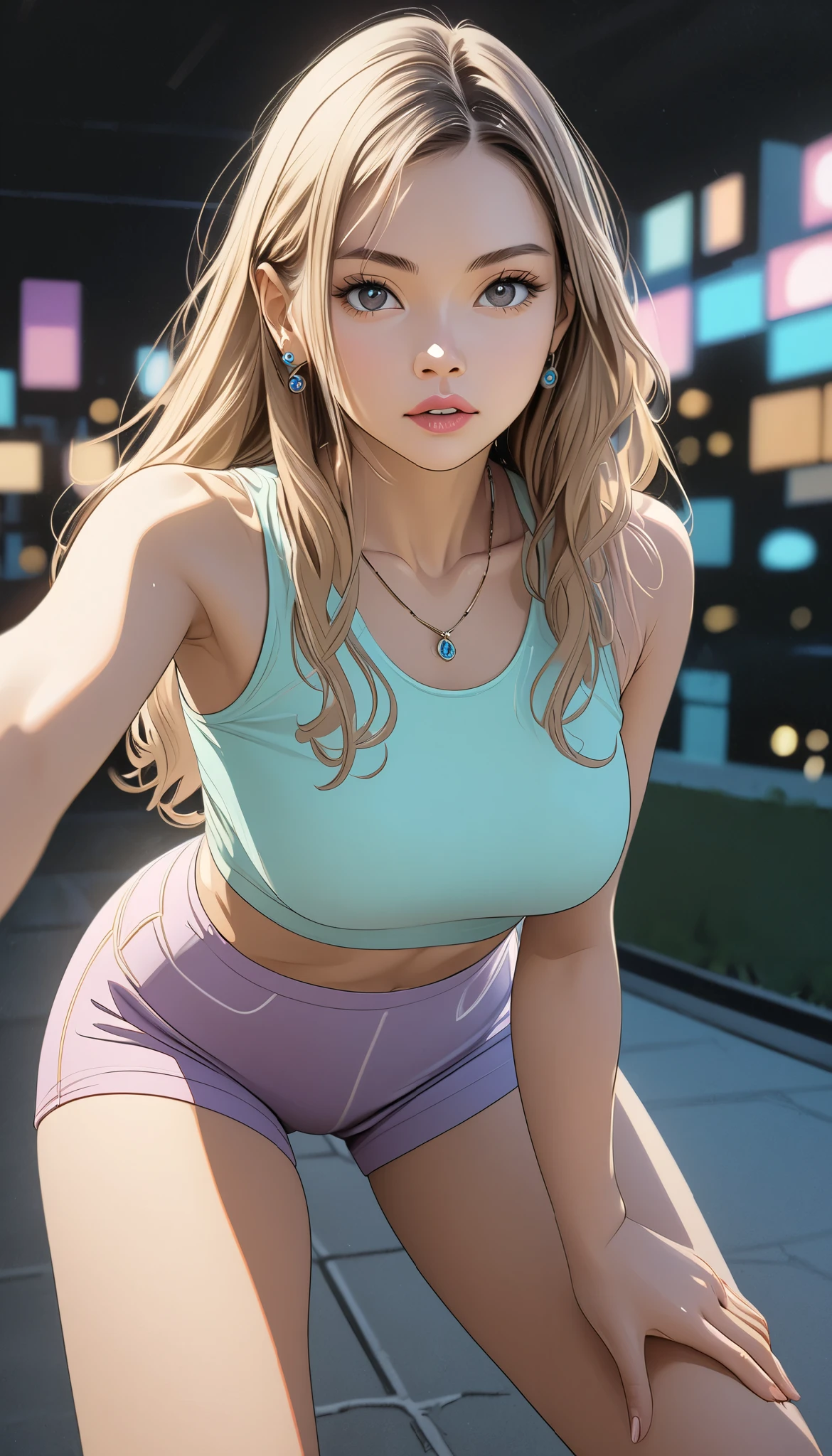 (  masterpiece on penis ),  top quality,  beautiful woman,  expressive eyes,  perfect face,  1 Woman ,  still movie photo of one girl :1.3, (pastel color line drawing :1.3), Teenage Girl,  final and take a selfie, Generate a sleeveless spandex top ,  high waisted short ,  generate shirt shorts ,  lean forward ,  clevis, Curved Body, Thigh height,  slender body,  slender body,  swollen lips ,  looks like a final , Light brown long hair,  wave hair,  medium chest, Bokeh,  realistic , 8k,  complex details, Bokeh,  blurry background,  retro art pose ,  pop art pose ,  earrings for a woman alone,  Necklaces ,  high definition ,  super detailed, Soft light, Strong line drawing, (( cell shading style )),  simple background, modernism, Natural Style, Detailed animated illustration art including backgrounds, 