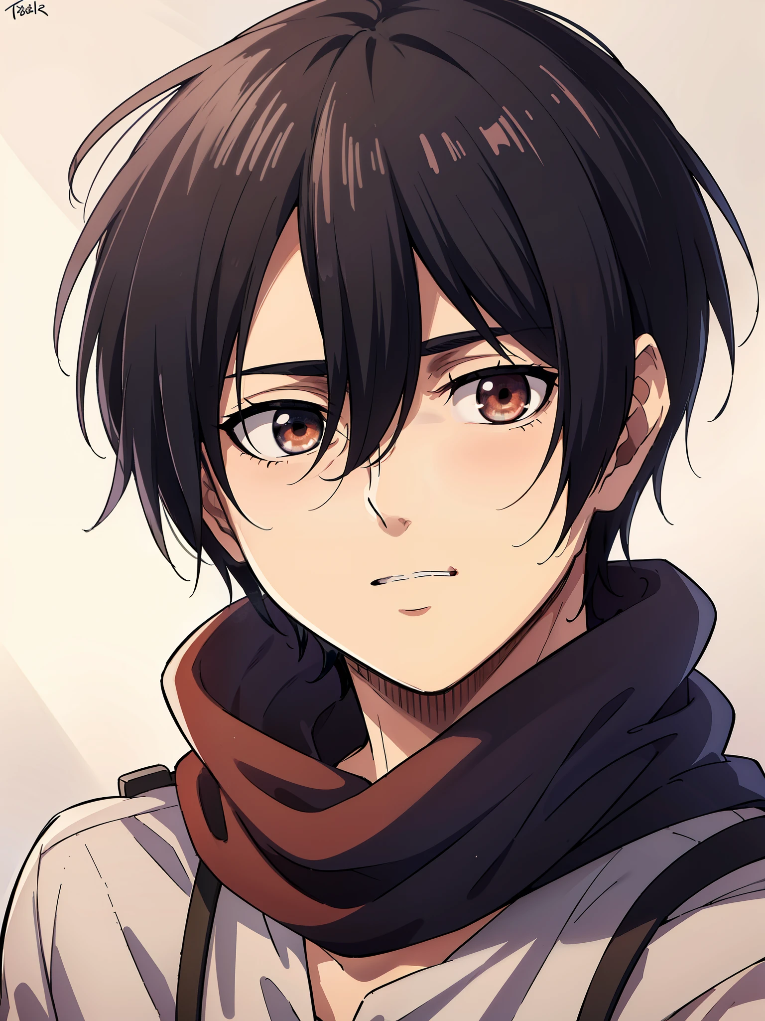 (high-quality, breathtaking),(expressive eyes, perfect face) 1boy, male, solo, portrait, narrow eyes, kind face, neutral expression, soft cute smile, aot style, portrait, Symmetrical Eyes, black hair, red eyes, teenager, blue background, black coat, open coat, white shirt, backpack, black pants, mappastyles4, fluffy hair, half closed eyes, looking at viewer, facing viewer, red scarf, teenager, young face
