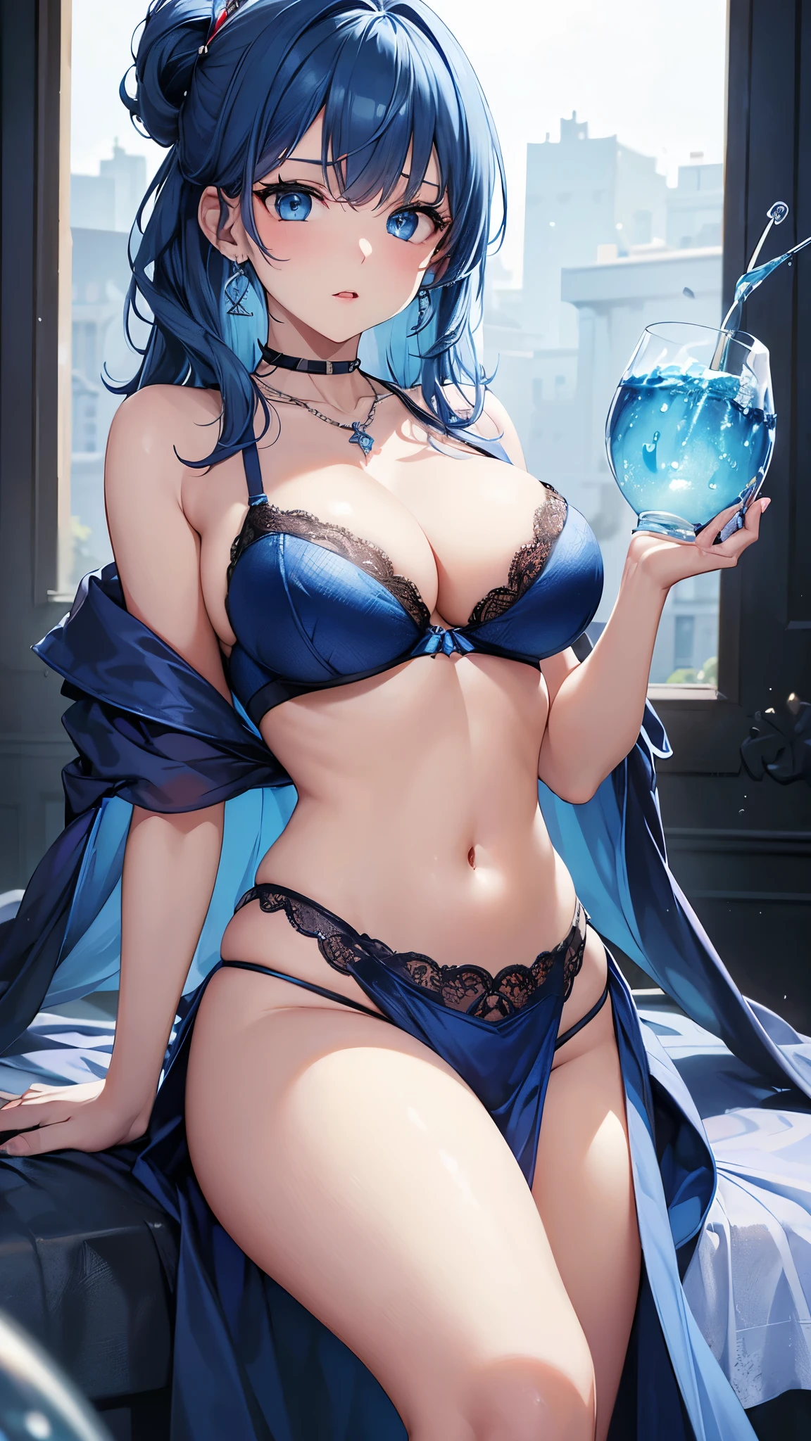 masterpiece, best quality, ultra high res, ultra-detailed, inside a very luxurious bar, night, bar soft illumination, shelves with many types of liquor bottles in the background, 1 Mature MILF woman, slut, (blue hair: 1.3), (teal eyes: 1.3), (lateral ponytail hairstyle: 1.4), (a red rose as hair ornament: 1.4), (red nail: 1.3), (black eyeliner: 1.3), (full lips: 1.3), (red gloss lipstick: 1.4), (hairy pubic hair: 1.3), (giant tits and giant cleavage: 1.6), (erotic and sexy lace-trimmed red lingerie: 1.5), (lace-trimmed bred stockings: 1.4), (red high heels: 1.4), (Hard and erected Nipples: 1.4), (a giant tits mature MILF mom is sitting raunchy with her legs wide open on a luxurious velvet sofa while she is squirting a lot of cum from her exposed pussy and looks at the observer with the face of a great slutty slut while she moans with her mouth open like a slut in heat: 1.6)