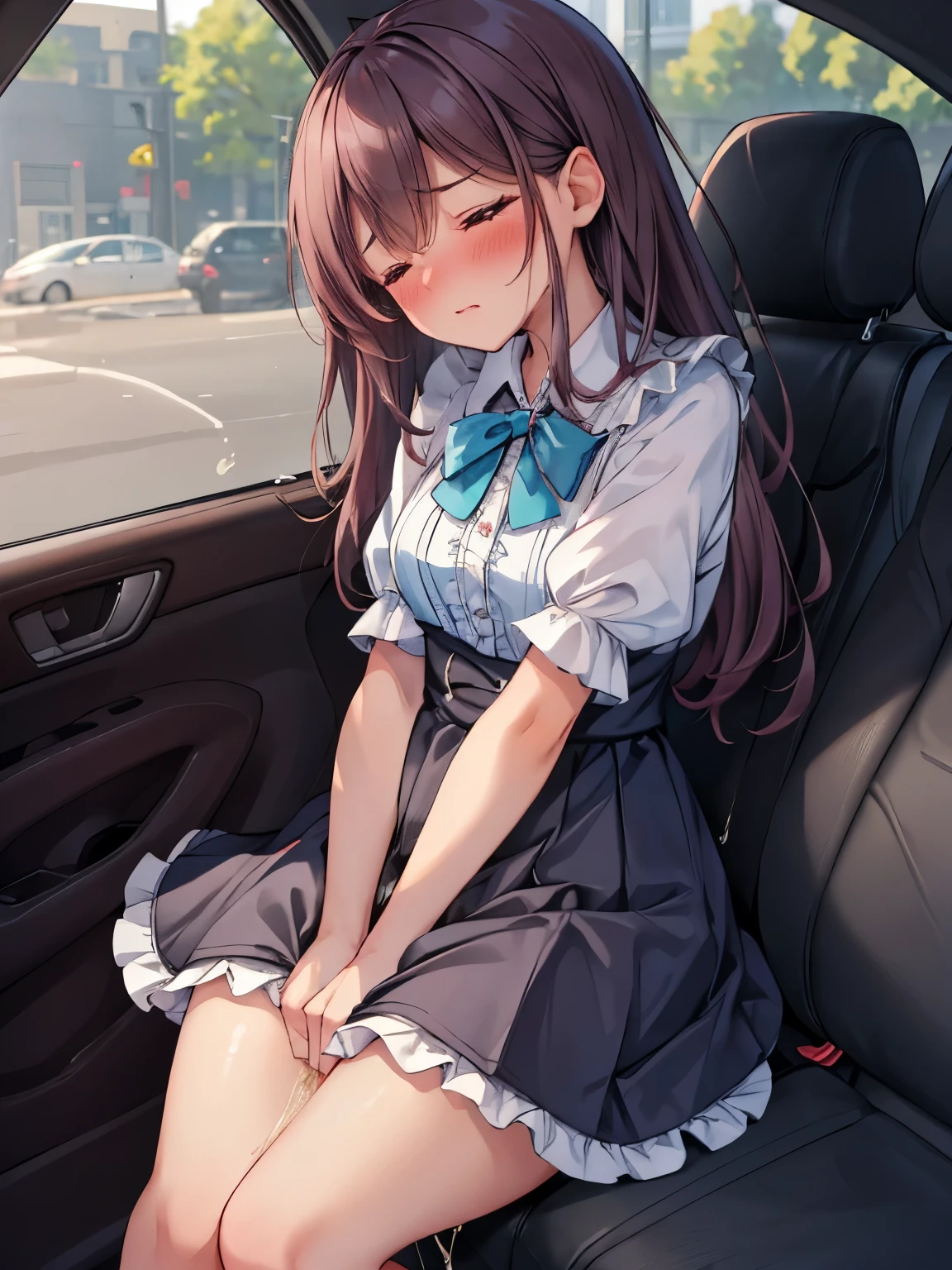 (8K, ultra-detailed, best quality, anatomically perfect body:2), (beautiful breast:1.2), shiny skin, (1 girl), (have to pee), (desperate urge to pee), (very desperate to pee), (her bladder is at its limit:1.5), (in the car, sitting very shallowly:1.6), (She wants to stand up so she lifts her hips from seat:1.2), (fidgeting:1.5), wetting self, (ruffled long skirt:1.6), (pantyhose:1.3), ankle boots, panty pull, (Untidy hair:1.4), (She hold her crotch one hand:1.5), (leaning backward), (close your thighs tightly:1.6), (shrugs:1.7), (orgasm:1.5), (full face blush:1.7), (embarrassment:1.6), (impatience:1.7), (flustered:1.5), (panic), (flowing sweat:0.7), (twist whole body:1.4), (panting), breathless, (Humiliation), (Erotic feelings), (closed eyes:0.95), (She is very arousal to hold pee), (tear), (head tilt:1.1), (parted lips:1.1), (SIGMA 105 mm F/2.8, 1/100 sec shutter, award-winning), from side, nsfw,