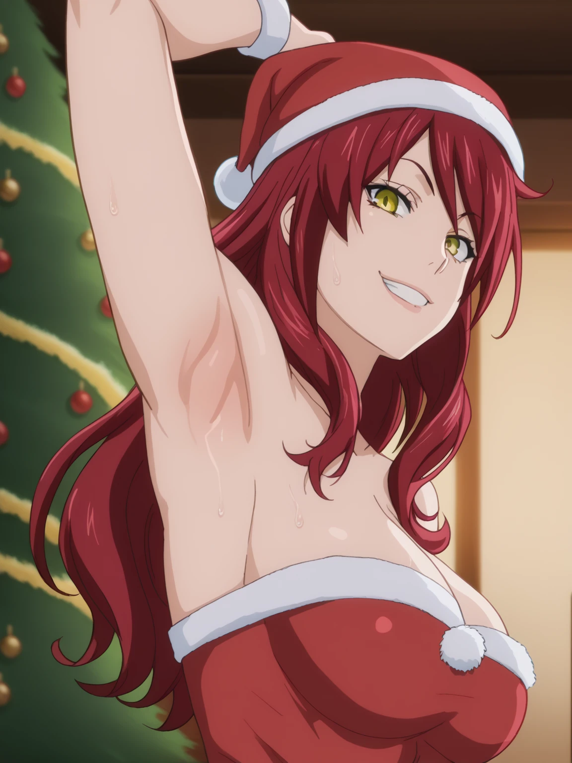 score_9, score_8_up, score_7_up, source_anime, anime screencap, 1girl, solo, rindou kobayashi, long hair, red hair, yellow eyes, large brrasts, cleavage, Santa costume, red costume, strapless, Santa hat, arm up, raised arm, armpit, looking at viewer, head towards viewer, smile, teeth, badhandv4, indoors, Christmas tree, from side, from below, pinning down viewer, sweaty armpits 