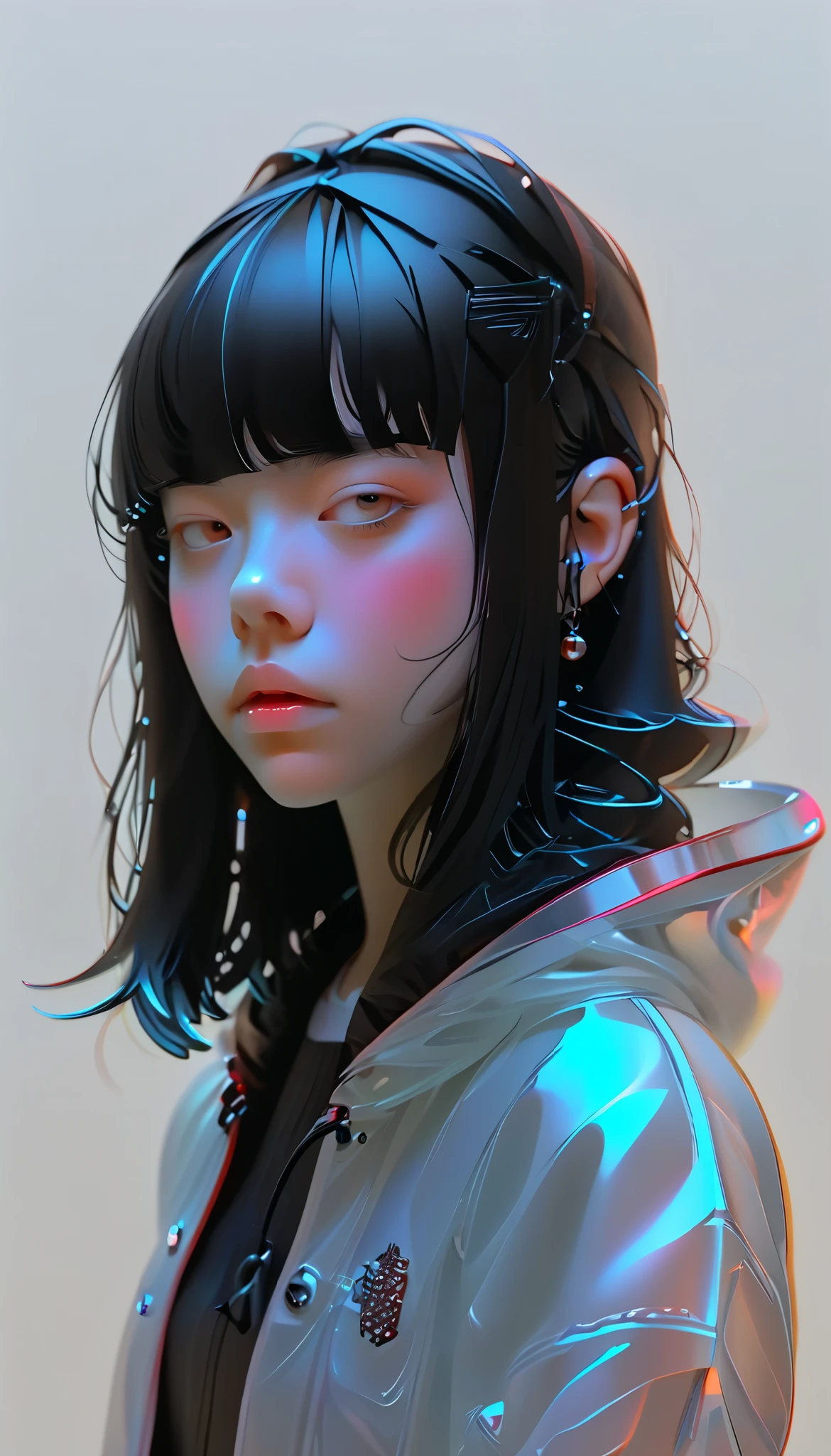 Anime girl with black hair and piercings wearing a white jacket - SeaArt AI