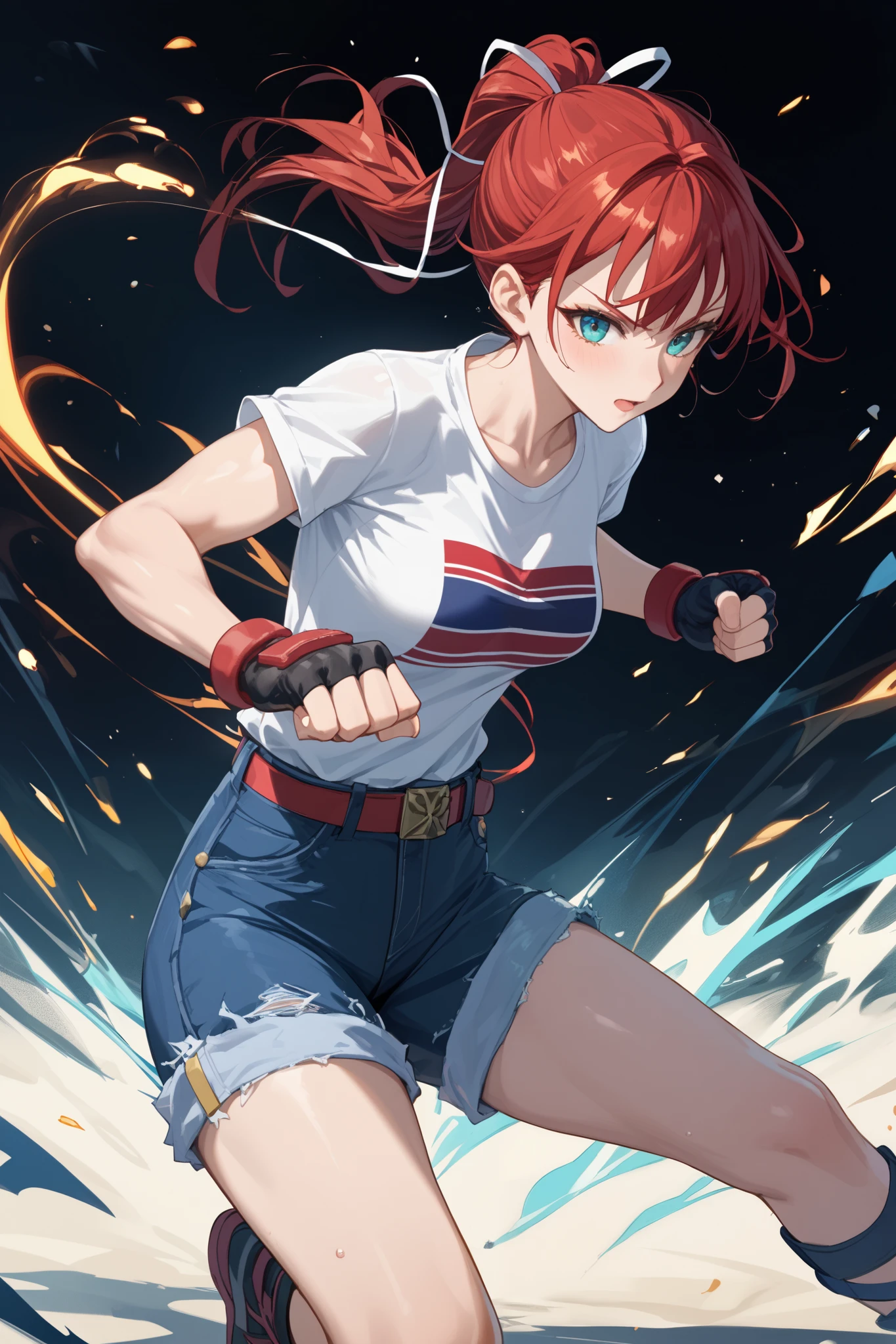 {{{A female slim Fighter in a denim miniskirt who bends her arms and defends with her forearms in the Street Fighter worldview、}}}、slim Female Fighter in denim miniskirt in defensive posture with crossed forearms, anatomically correct、 perfect anatomy , Japanese anime style illustration 、 beautiful thighs,fight、 slender adult female detective 、 ,defensive posture,T-Shirts、hand, Hit effects , Clench Fist 、 hand, fingerless gloves、 woman suffering under attack , white background 、Red Hair、 dull bangs