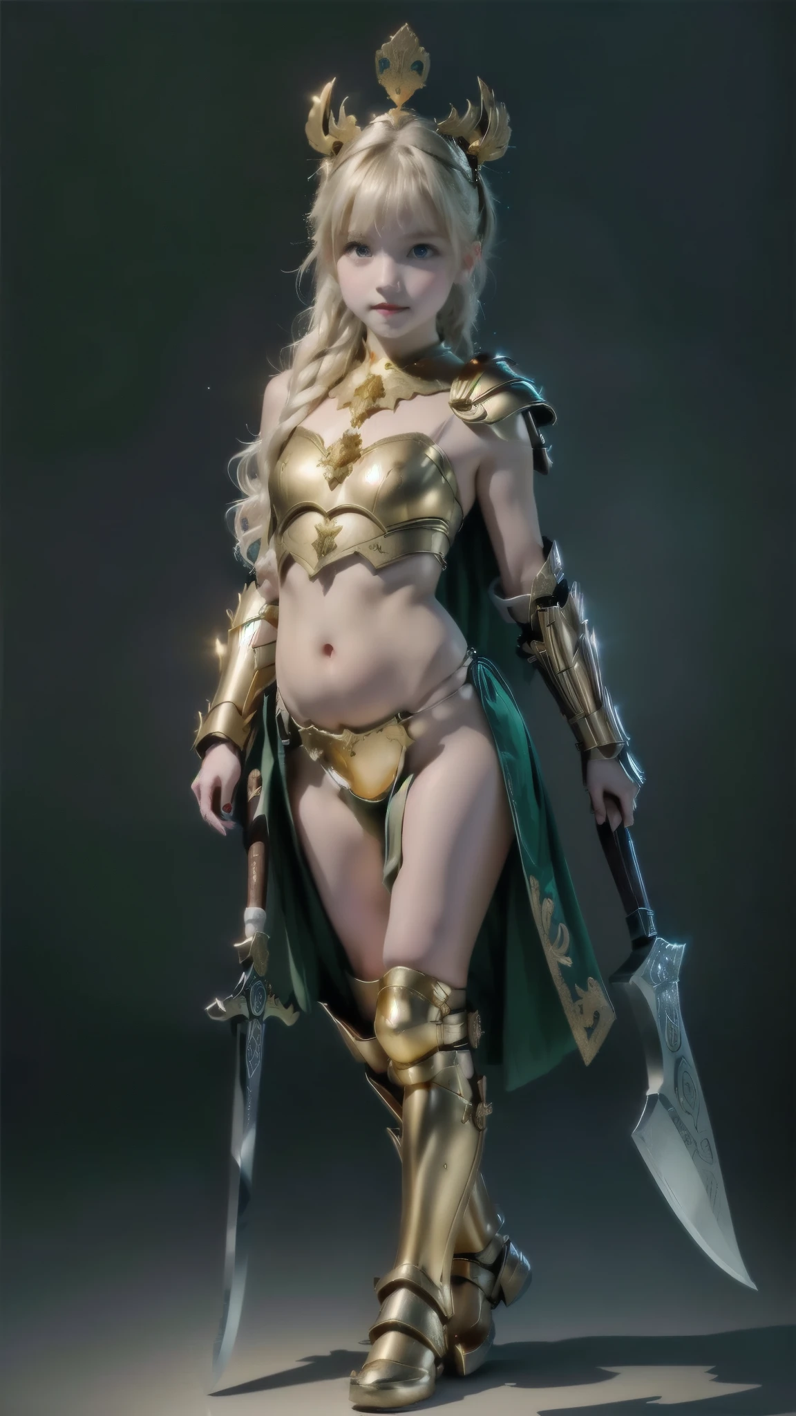 image of a (Muscular)  woman with pale green skin , semi pixar style, 3d style, (( thick thighs )), (( a curvy figure )), (fatty), hourglass figure, (( Broad shoulders)), ((amazon woman)), goddess,  big breast ,  voluminous, wavy hair with a ponytail yellow-green illuminated by the border , reaching to the knees, beautiful, shiny opaque hair ,  two thick and long hair on each side of her face ,  like sideburns , (( dark green lips )), (( she is wearing a high-necked golden breast plate covering her entire belly )), ((golden tip )), gold armbands ,  golden shoulder pads with brown leather armor underneath ,  iron metal pieces at the end of each strap ,  golden greaves that cover her knees and shins ,  gold sabatons that cover her feet ,  sassette covered with loose golden straps Laid under the sassete ,  gold metal pants ,  she's not wearing anything underneath the armor , (( she is carrying a large, heavy axe with a dark wooden handle that is almost her size)), intimidating pose, Standing with pride, ((( Greco-Roman style armor ))), ((ancient armor)), ((BRIGHT WHITE EYES)), ((illuminated eyes)), (( standing half sideways holding the hatchet down close to her leg )), (( arrogant posture )),  one leg in front of the other , ((( full body shot ))),  in a light gray room , 
,(tanned, Muscular, small, smalls,  chibi, SD Character:1.1), (a person:1.5)，( masterpiece :1.5), ( best quality:1.2), to break [blue:peach red:0.5] ele, (gradient backgrounds :1.1), cowboy shot, upper body ， cinematic light ，(Perfect hand 1.5)， beautiful and slender legs ，flat chest，playful, ( 1 2  year old ), ( small,  chibi, SD Character:1.5), ( full body :1.8), ( upper body :0.3), (hyper realistic:1.4), (realistic:1.3), ( best quality pele de textura real), olhos detaileds, detailed face, Persephone, (sfw:1.5) Ultra-detailed negative , body proportions, (Chapped lips:1.4), (:1.2), shortening, black cuts, 