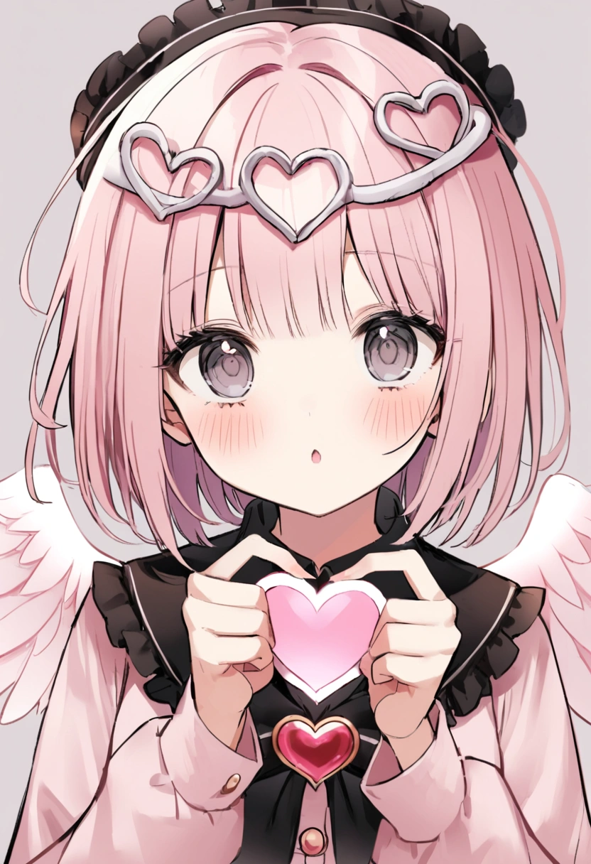 The cat-dove has black eyes, white feathers, light pink wing tips, a heart around it and bones around it. There is a heart-shaped ring on the head. 