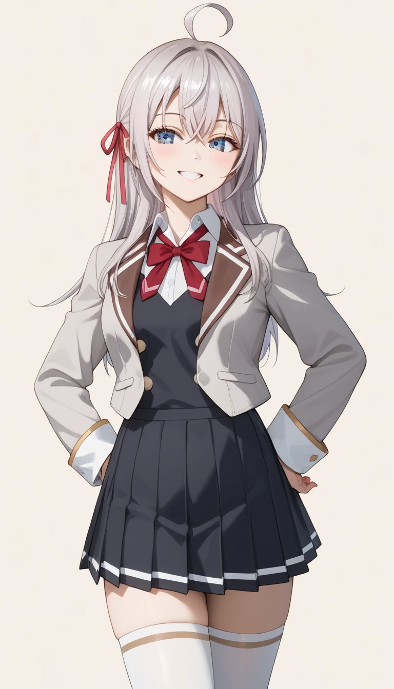 photorealistic, detailed coloring, anime style, detailed high quality, chromatic aberrations, ultra detailed quality skin, detailed ray tracing lighting,, masterpiece、 best quality、masterpiece, high definition , 8K quality, perfect face, alya_fanart, alisa mikhailovna kujou, long hair, silver hair, ahoge, crossed bangs, red hair ribbon, sidelocks, blue eyes, medium breasts, 引き締まったお尻、スレンダー、美しい顔、細いウエスト、Confident smile, 艶のある唇, red cheek, school uniform, grey jacket, open jacket, long sleeves, red bowtie, white shirt, collared shirt, buttons, black vest, pleated skirt, white thighhighs, black loafers, hands on own hips, cowboy shot, sensual expression, dynamic angle, Pink Beige Background,