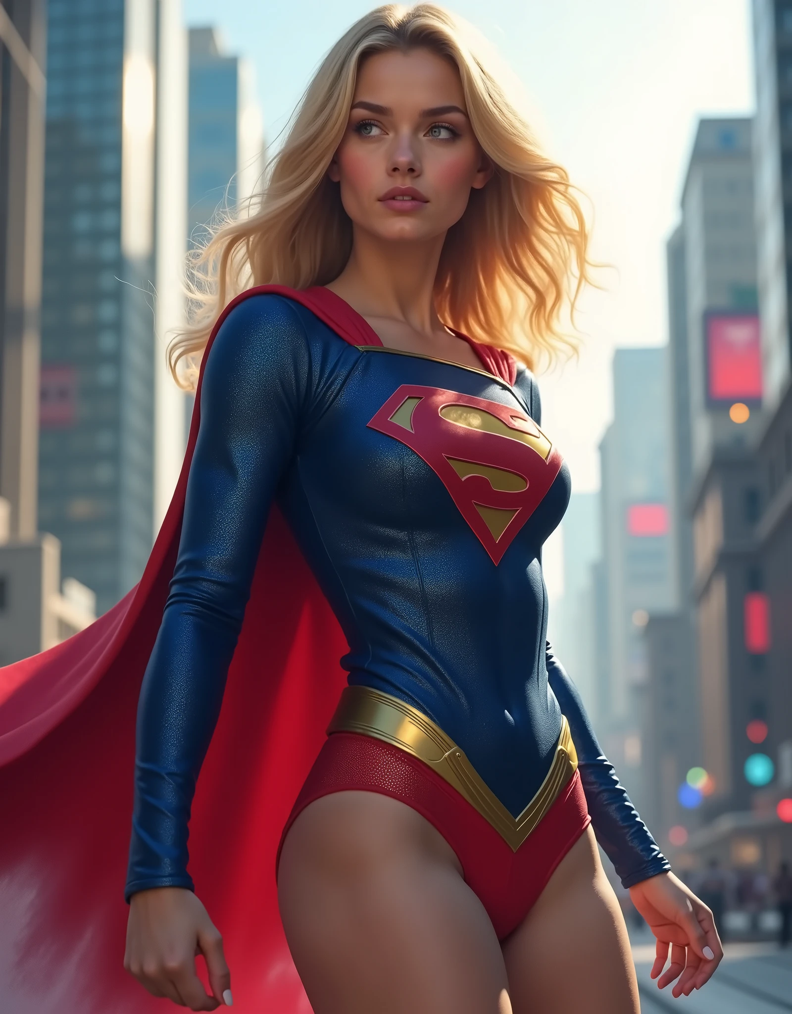 Close-up analogue photo, VHS, Supergirl, blonde, curvy body, posing on the roof of a skyscraper, looking at viewer, night, starry sky