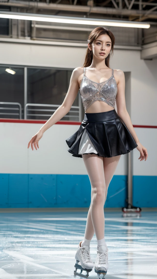 (8k, best quality:1.3), (extremely detailed:1.2), perfect anatomy, beautiful Japanese woman, 18 years old, healthy thighs, beautiful legs, beautiful skin, random hair color, random hairstyle, large breasts, (she is standing:1.2), female figure skater, figure skating outfit, (miniskirt:1.3), full body shot, skate shoes, skating rink