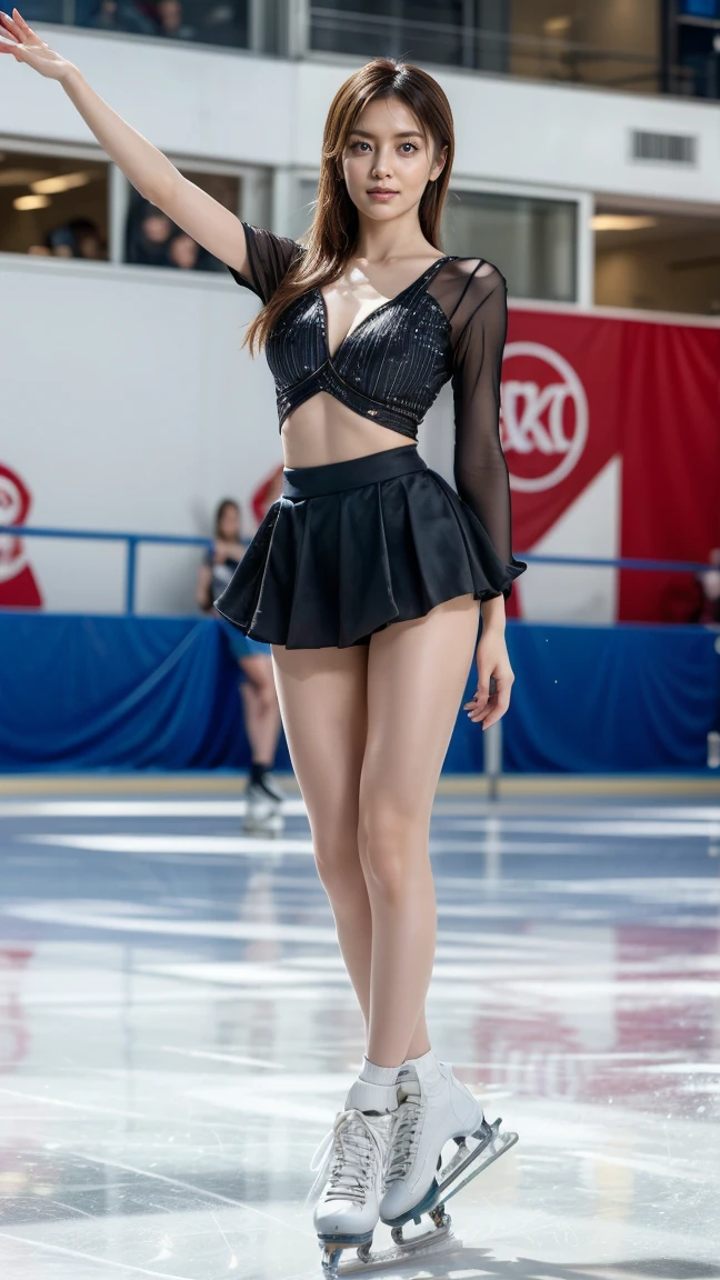 (8k, best quality:1.3), (extremely detailed:1.2), perfect anatomy, beautiful Japanese woman, 18 years old, healthy thighs, beautiful legs, beautiful skin, random hair color, random hairstyle, large breasts, (she is standing:1.2), female figure skater, figure skating outfit, (miniskirt:1.3), full body shot, skate shoes, skating rink