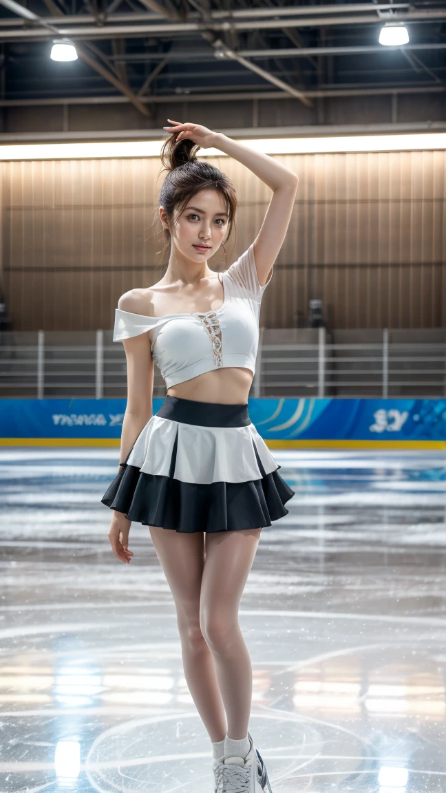 (8k, best quality:1.3), (extremely detailed:1.2), perfect anatomy, beautiful Japanese woman, 18 years old, healthy thighs, beautiful legs, beautiful skin, random hair color, random hairstyle, large breasts, (she is standing:1.2), female figure skater, figure skating outfit, (miniskirt:1.3), full body shot, skate shoes, skating rink