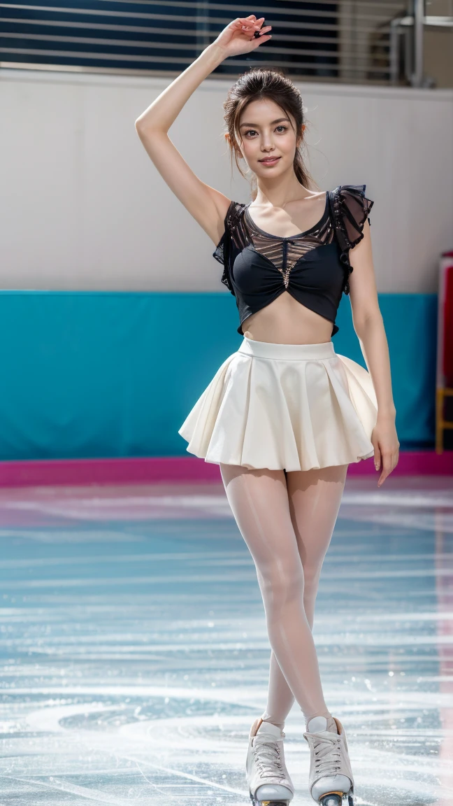 (8k, best quality:1.3), (extremely detailed:1.2), perfect anatomy, beautiful Japanese woman, 18 years old, healthy thighs, beautiful legs, beautiful skin, random hair color, random hairstyle, large breasts, (she is standing:1.2), female figure skater, figure skating outfit, (miniskirt:1.3), full body shot, skate shoes, skating rink