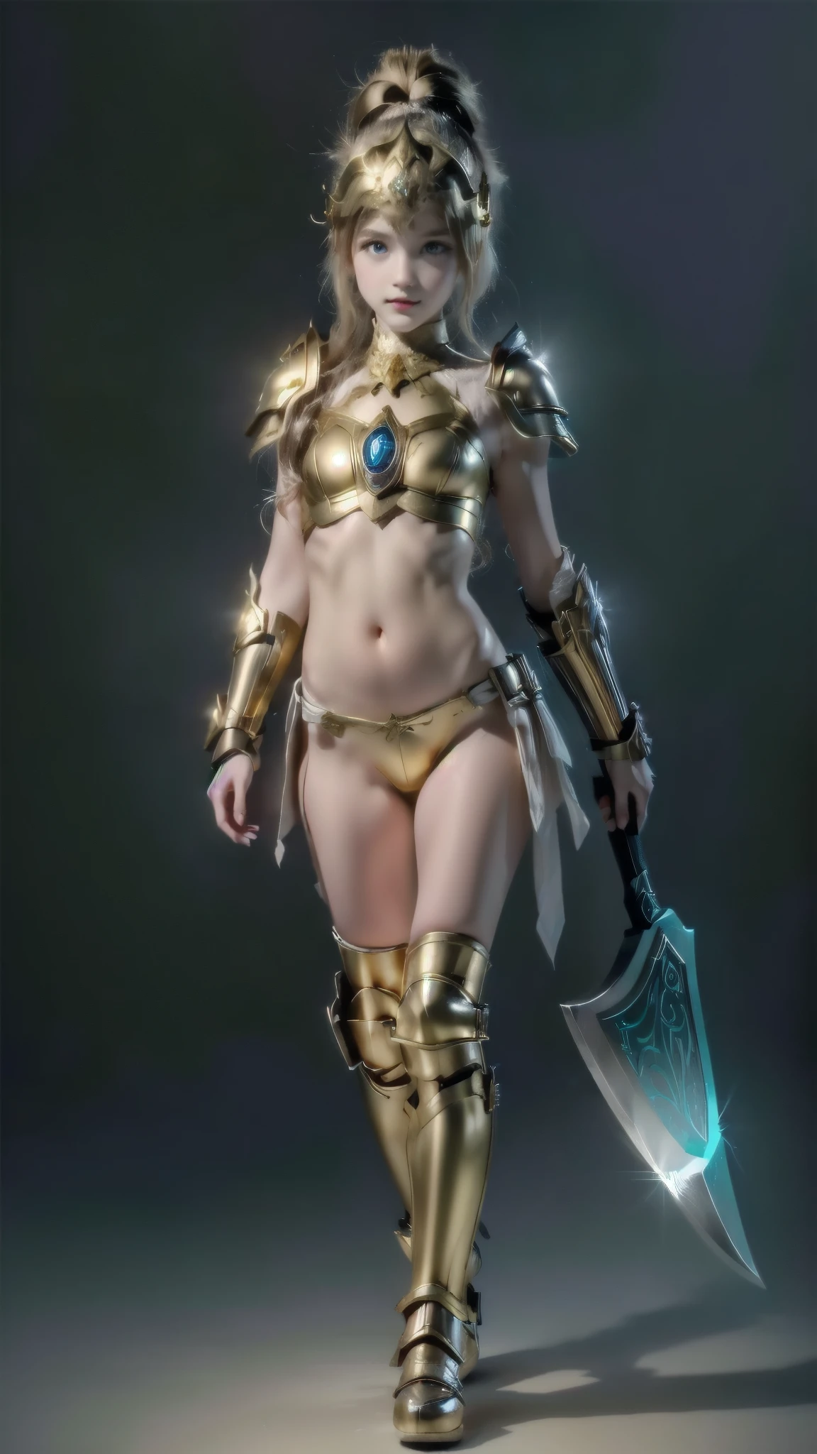 image of a (Muscular)  woman with pale green skin , semi pixar style, 3d style, (( thick thighs )), (( a curvy figure )), (fatty), hourglass figure, (( Broad shoulders)), ((amazon woman)), goddess,  big breast ,  voluminous, wavy hair with a ponytail yellow-green illuminated by the border , reaching to the knees, beautiful, shiny opaque hair ,  two thick and long hair on each side of her face ,  like sideburns , (( dark green lips )), (( she is wearing a high-necked golden breast plate covering her entire belly )), ((golden tip )), gold armbands ,  golden shoulder pads with brown leather armor underneath ,  iron metal pieces at the end of each strap ,  golden greaves that cover her knees and shins ,  gold sabatons that cover her feet ,  sassette covered with loose golden straps Laid under the sassete ,  gold metal pants ,  she's not wearing anything underneath the armor , (( she is carrying a large, heavy axe with a dark wooden handle that is almost her size)), intimidating pose, Standing with pride, ((( Greco-Roman style armor ))), ((ancient armor)), ((BRIGHT WHITE EYES)), ((illuminated eyes)), (( standing half sideways holding the hatchet down close to her leg )), (( arrogant posture )),  one leg in front of the other , ((( full body shot ))),  in a light gray room , 
,(tanned, Muscular, small, smalls,  chibi, SD Character:1.1), (a person:1.5)，( masterpiece :1.5), ( best quality:1.2), to break [blue:peach red:0.5] ele, (gradient backgrounds :1.1), cowboy shot, upper body ， cinematic light ，(Perfect hand 1.5)， beautiful and slender legs ，flat chest，playful, ( 1 2  year old ), ( small,  chibi, SD Character:1.5), ( full body :1.8), ( upper body :0.3), (hyper realistic:1.4), (realistic:1.3), ( best quality pele de textura real), olhos detaileds, detailed face, Persephone, (sfw:1.5) Ultra-detailed negative , body proportions, (Chapped lips:1.4), (:1.2), shortening, black cuts, 