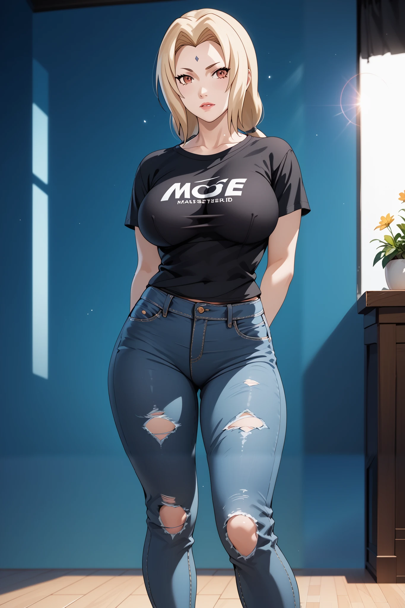 best quality, masterpiece, highres, 1girl,tsunade,((fullbody)),stand up,large breasts,arms behind back,sexy legs,black tshirt,ripped slimfit jeans,looking at viewers,front look,(high detailed skin:1.2), 8k uhd, dslr, soft lighting, high quality, Photograph, high resolution, 4k, 8k, Bokeh, plain white background