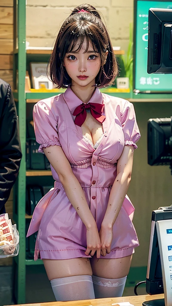 NSFW、High resolution、High level image quality、8K、real live action、borngraphy、baby face、highest quality、masterpiece、erotic、born徒、pink good,white skin,kneelesh colored pantyhose),Detailed panty pattern、panties focus、pink panties、absurd,small face、small breasts、part the bangs from the middle、,(cold look<tight eyes,glare,bullish,thin anger)、masterpiece,highest quality、Super high resolution,born,Len,beautiful,one person, solo,dark look,small breasts,whole body、very nice、JK,女子高born,woman, Are standing,(Photoreal:1.37)、photon mapping,realistic、かわいいsmall face,brown eyes、18-year-old、(red bow tie),Roll up your skirt