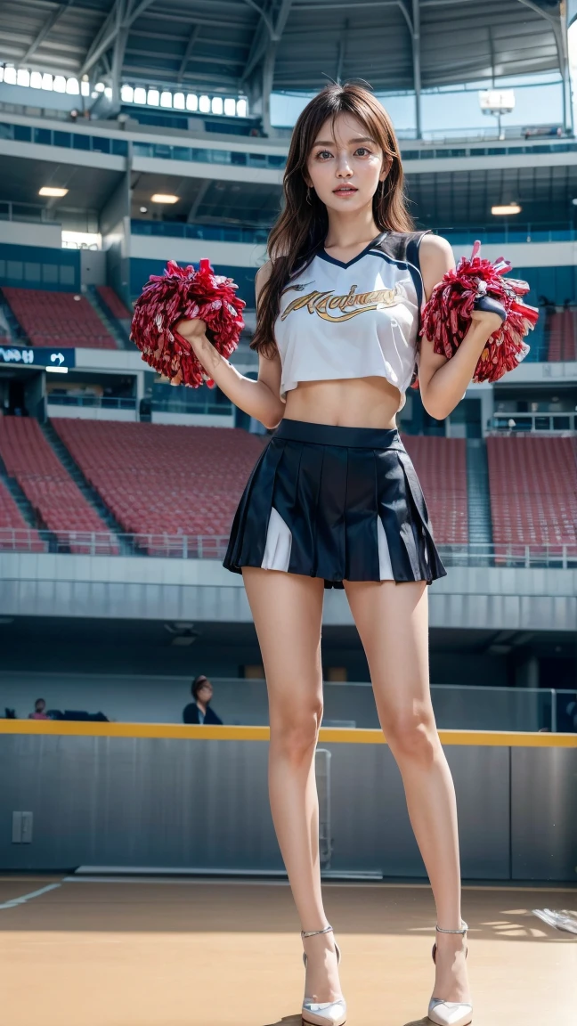 A beautiful young Japanese woman, 20 years old, with perfect anatomy, healthy thighs, beautiful feet, flawless skin, random hair color and style, large bust, (she is standing:1.2), wearing a cheerleader uniform with micro-pleated miniskirt, in a full body shot, standing in a stadium, (best quality,4k,8k, highres, masterpiece:1.3), (extremely detailed:1.2)