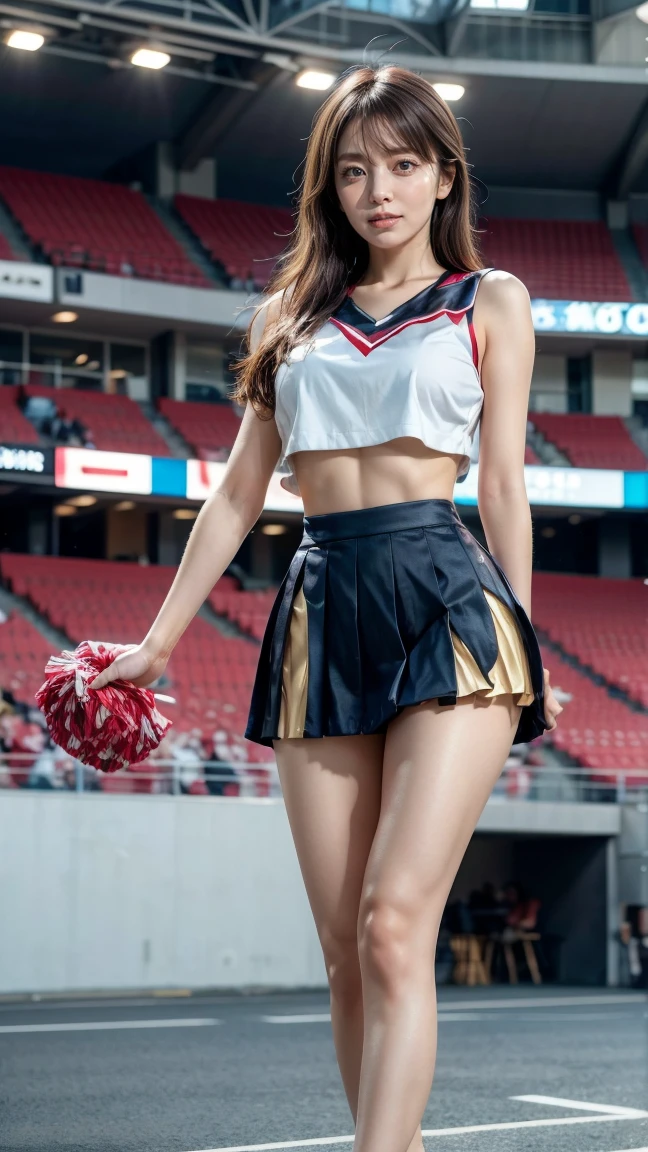 A beautiful young Japanese woman, 20 years old, with perfect anatomy, healthy thighs, beautiful feet, flawless skin, random hair color and style, large bust, (she is standing:1.2), wearing a cheerleader uniform with micro-pleated miniskirt, in a full body shot, standing in a stadium, (best quality,4k,8k, highres, masterpiece:1.3), (extremely detailed:1.2)