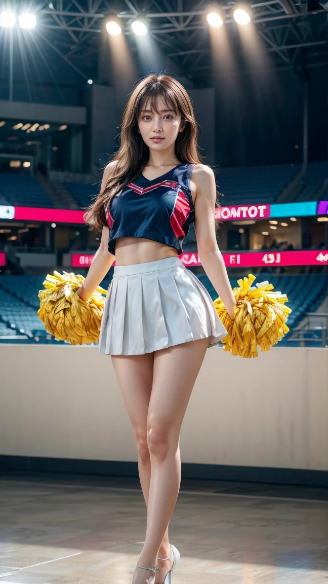 A beautiful young Japanese woman, 20 years old, with perfect anatomy, healthy thighs, beautiful feet, flawless skin, random hair color and style, large bust, (she is standing:1.2), wearing a cheerleader uniform with micro-pleated miniskirt, in a full body shot, standing in a stadium, (best quality,4k,8k, highres, masterpiece:1.3), (extremely detailed:1.2)