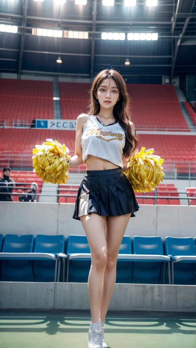 A beautiful young Japanese woman, 20 years old, with perfect anatomy, healthy thighs, beautiful feet, flawless skin, random hair color and style, large bust, (she is standing:1.2), wearing a cheerleader uniform with micro-pleated miniskirt, in a full body shot, standing in a stadium, (best quality,4k,8k, highres, masterpiece:1.3), (extremely detailed:1.2)