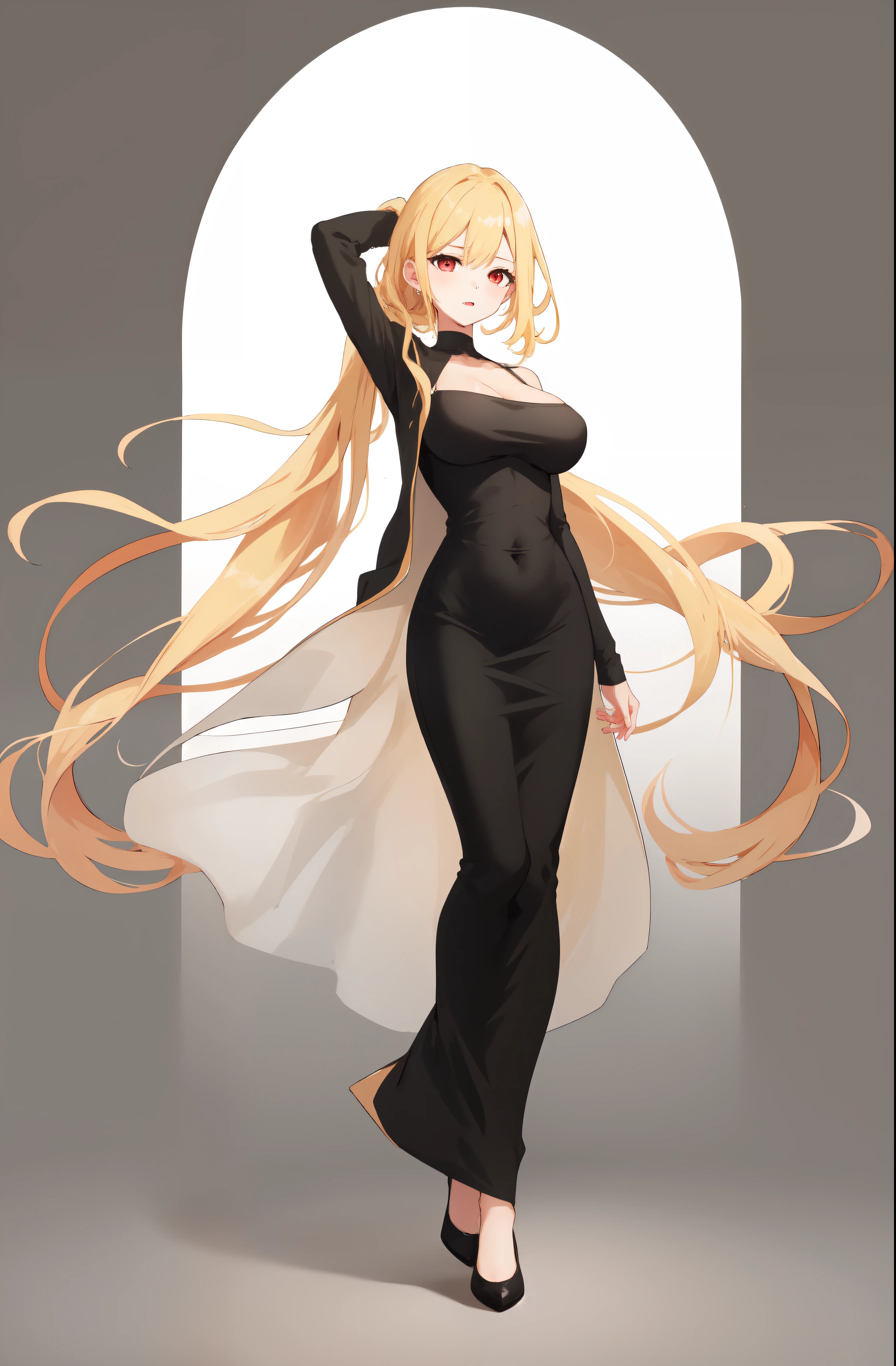 masterpiece, dress, black dress, Black dress, Black Dress, dongtan dress, Dongtan dress, Dongtan Dress, black dongtan dress, Black dongtan dress, Black Dongtan Dress, highres, Super detailed, very detailed, highest quality, best quality, super detailed, standing, high quality, high-definition, extremely detailed, mature female, full body drawing, Full body drawing, straight body, slender body, Slender body, Slender Body, (large breasts), (masterpiece), (best quality), (hyperdetail), (illustration), ((extremely delicate and beautiful)), (detailed light), (prefect's body), hanging hand over head, {{{{{long hair, Long hair, Blonde hair, blonde hair, blonde, Blonde, Red eye, red eye, Red Eye, binyeo, Binyeo}}}}}, sexy, sexy belly line