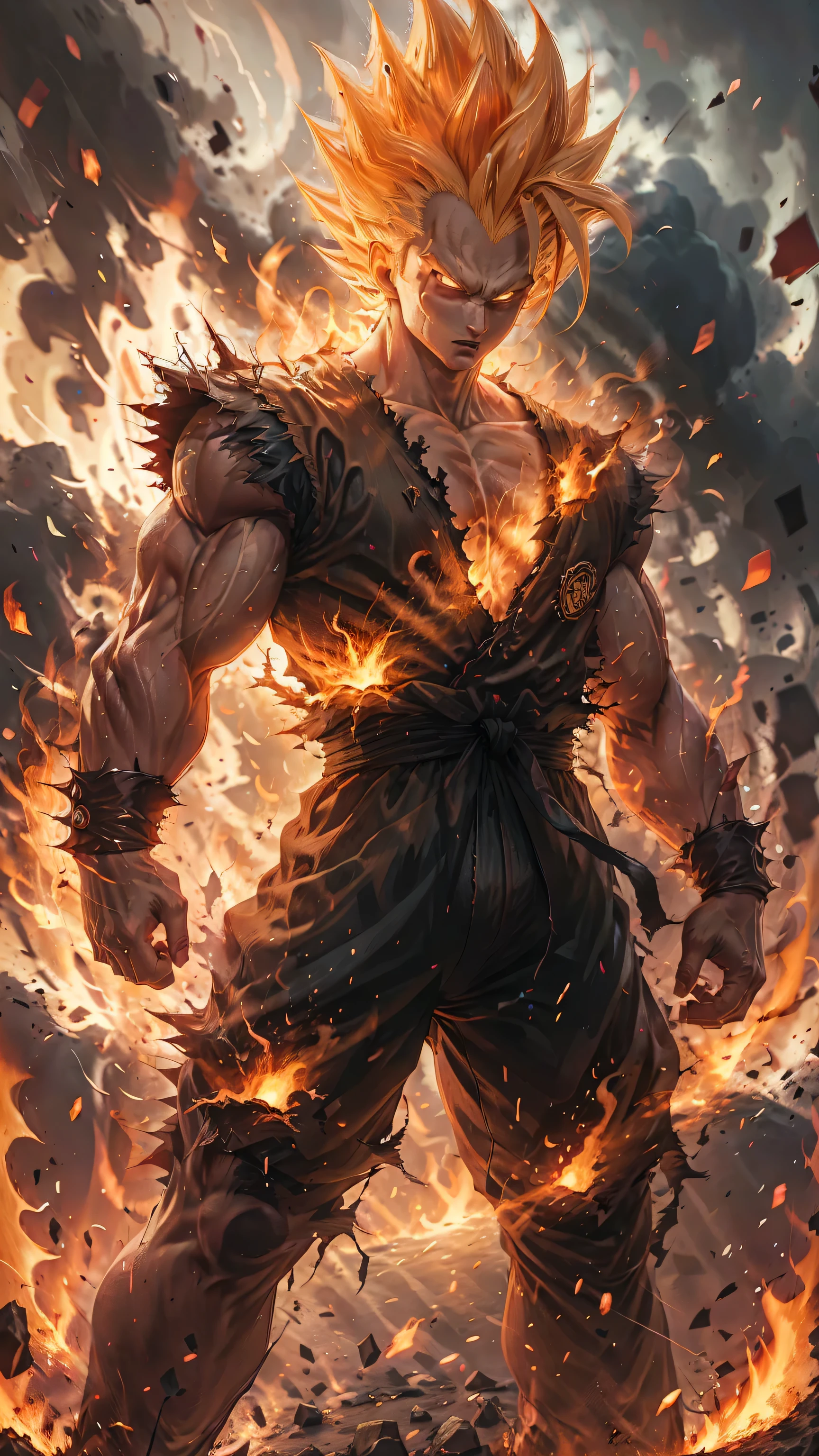 Super Saiyajin god,1 young boy,artist name,Aura,hair blonde,clenched hand,clenched hands,wreckage,dougi,villany,embers,fire,mitts,Ablaze,male focus,muscular,orange background,standing alone,spiky hair,standing,teeths,torn garments,venat,