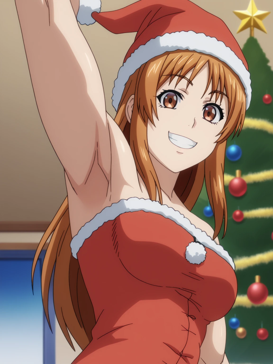 score_9, score_8_up, score_7_up, source_anime, anime screencap, 1girl, solo, nanaka, long hair,brown hair, muscular, muscular female,brown eyes, parted bangs, Santa costume, red costume, strapless, Santa hat, arm up, raised arm, armpit, looking at viewer, head towards viewer, smile, teeth, badhandv4, indoors, Christmas tree, from side, from below, kabedon, pinning down viewer 