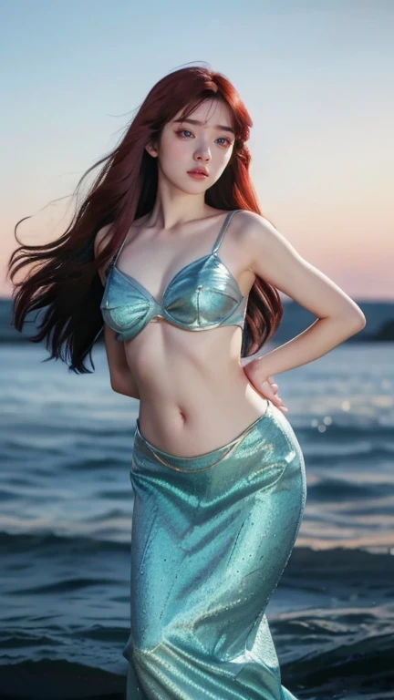 (best quality,4k,8k,highres,masterpiece:1.2),ultra-detailed,(realistic,photorealistic,photo-realistic:1.37),illustration,mermaid,fantasy,blue-green color palette | a beautiful girl with long, flowing red hair, sparkling detailed eyes, and luscious lips, transforming into a mesmerizing mermaid underwater in the vast sea. The underwater scene is filled with vibrant colors, showcasing the enchanting beauty of the ocean. The mermaid gracefully swims, surrounded by coral reefs, schools of exotic fish, and swaying sea plants. Sunlight streams through the water, casting a magical glow on the mermaid's iridescent scales. The whole image is filled with a sense of wonder and mystery, evoking the captivating allure of the mythical mermaid,(light smile:1.2) nsfw
