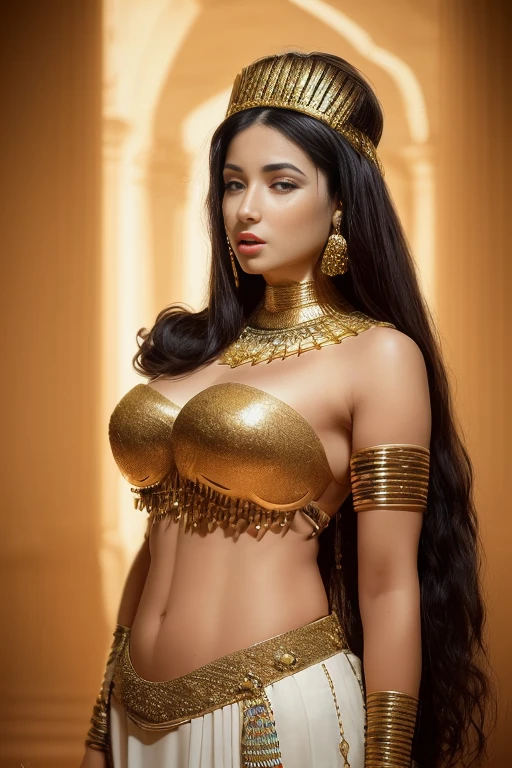  A beautiful 19-year-old Egyptian princess from the 16th century .   she has tan skin  , sharp,  well-defined features , Warm brown "viper" eyes,  thin eyebrows,  a heart-shaped face , with full cheeks, A pointy chin, and a pointed nose . She has fair skin, But tanned . She is heterosexual , dark,  shoulder-length black hair with fringe . she is tall, slim,  but with a slender, rounded body , mature breasts. she has a, full,  sexy lips . She wears an elegant,  luxurious cotton and white linen robe with intricate gold work .  She wears a tiara on her head typical of Egyptian princesses and beautiful precious jewels.