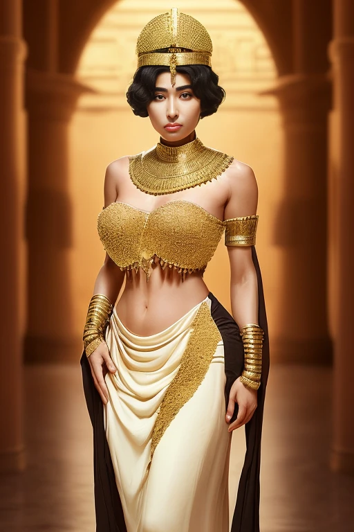  A beautiful 19-year-old Egyptian princess from the 16th century .   she has tan skin  , sharp,  well-defined features , Warm brown "viper" eyes,  thin eyebrows,  a heart-shaped face , with full cheeks, A pointy chin, and a pointed nose . She has fair skin, But tanned . She is heterosexual , dark,  shoulder-length black hair with fringe . she is tall, slim,  but with a slender, rounded body , mature breasts. she has a, full,  sexy lips . She wears an elegant,  luxurious cotton and white linen robe with intricate gold work .  She wears a tiara on her head typical of Egyptian princesses and beautiful precious jewels.