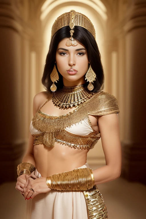  A beautiful 19-year-old Egyptian princess from the 16th century .   she has tan skin  , sharp,  well-defined features , Warm brown "viper" eyes,  thin eyebrows,  a heart-shaped face , with full cheeks, A pointy chin, and a pointed nose . She has fair skin, But tanned . She is heterosexual , dark,  shoulder-length black hair with fringe . she is tall, slim,  but with a slender, rounded body , mature breasts. she has a, full,  sexy lips . She wears an elegant,  luxurious cotton and white linen robe with intricate gold work .  She wears a tiara on her head typical of Egyptian princesses and beautiful precious jewels.