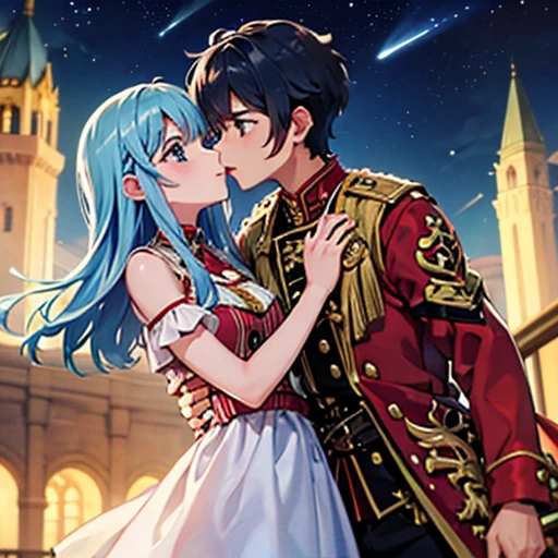 A girl with blue eyes and light blue hair, red blouse with gold plates on her body, pink panties, a gold bracelet and white skirt affectionately kissing a boy with short black hair on the lips, ojos marrones, lentes, red jacket with a night castle behind them and shooting stars in the sky