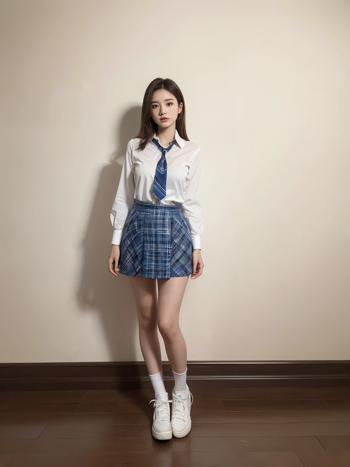 High Resolution Japanese Actress Pictures, ( realistic , photo- realistic :1.2), ( top quality, masterpiece), RAW photos , intricate details, Extremely Detailed, very detailed, very detailed, sharp concentration, (full body, shot from the front:1.4), , masterpiece on penis ,(( dark brown medium hair 、 White Collar Y Shirt 、 plaid tie 、 bust up、 blue plaid mini short skirt))、 top quality, girl, cute face, white skin, shiny hair, blue and white checked mini skirt with extremely fine eyes sandwiched between columns , simple background for each person, Women's clothing, school uniform, loose socks, standing, sunburn marks,Brown waist , school yard,