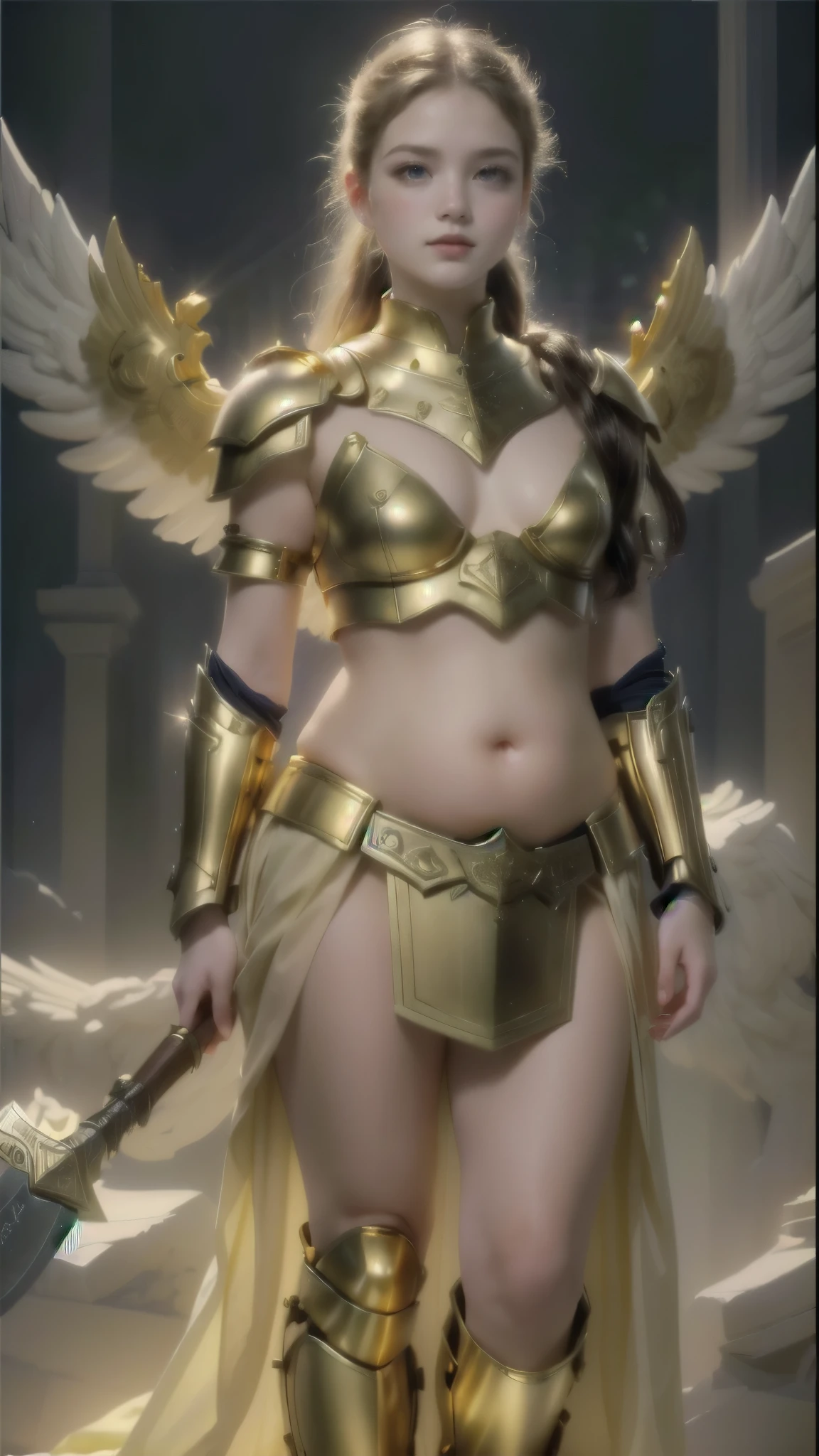 angelicales、The figure of an angel、White large wings、Wear golden Western-style armor、、Wearing golden armor、Wearing a golden suit、Very fat woman、Very fat woman、Round face、Fat face、large boob、thick waist、Big belly、big butts、thick thight、thick arms、Plump body、、masterpiece, top-quality,photos realistic, Detailed eyes and lips,Detailed iris,Realistically drawn skin,Limbs drawn in proper balance,Correctly drawn hands and fingers,I drew one thumb and four fingers in optimal proportions,number々Award-winning masterpieces of, with incredible detail, textures and maximum detail、hyper realstic、Realistic、Top quality real texture skins、fine perfectly symmetrical eyes、Beautiful face drawn in detail、Circle of angels of divine radiance overhead、Beautiful kind eyes、She has a blissful smile on her face、Beautiful colored eyes full of compassion、Her expression is serene full of tenderness and very beautiful、Large wings with pure white feathers behind the shoulders、Glass earrings on the ears,A beautiful necklace around the neck、Beautiful bracelet on the arm、dramatic photography、Golden hair、 short cut hair, ((Looking down)), Around her neck is a simple necklace of exquisite workmanship、Hyper Detailed, Intricate details、、Wings of Light Effect、spread your wings wide、a blond、blue eyess、Facing the front、 Wearing a small golden micro bikini、Bikini with gold embellishments、Wearing a small piece of armor on his chest、Wearing a small piece of armor in the crotch、 Small golden cloth、