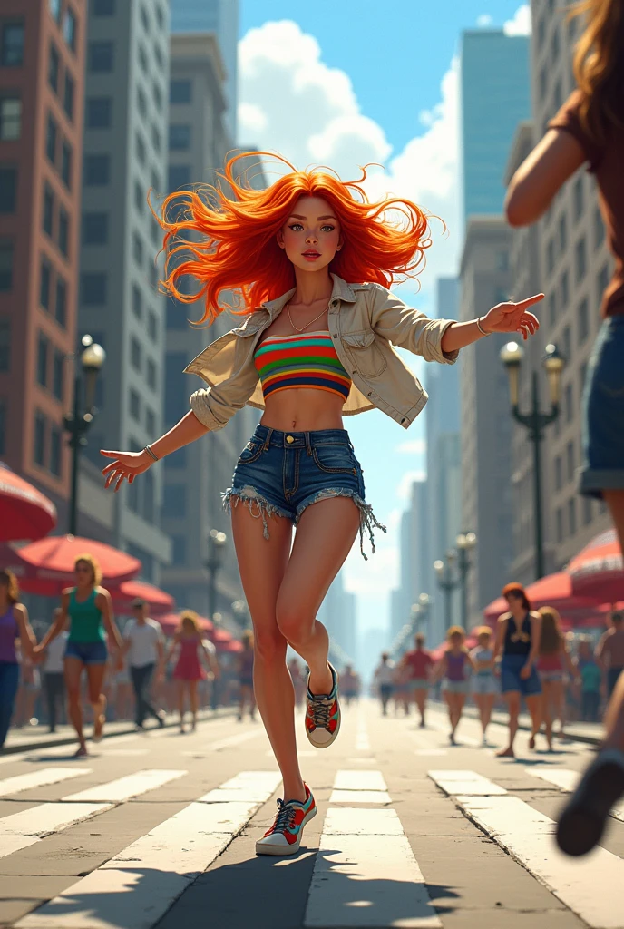 Redheaded girl, usando top e shorts, Dancing in the middle of the street.
