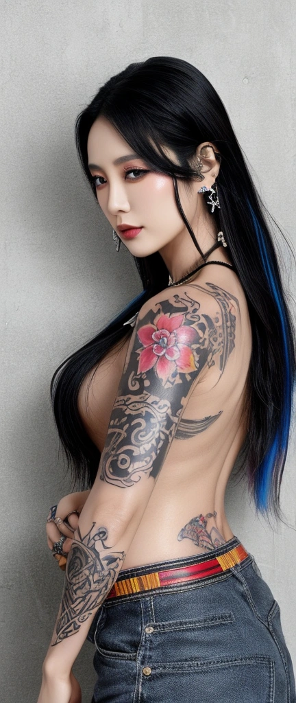 Beautiful Thailand model, with 40 years old, black hair with colorful streaks , who is a musician and has a rock band, many colorful tattoos and piercings