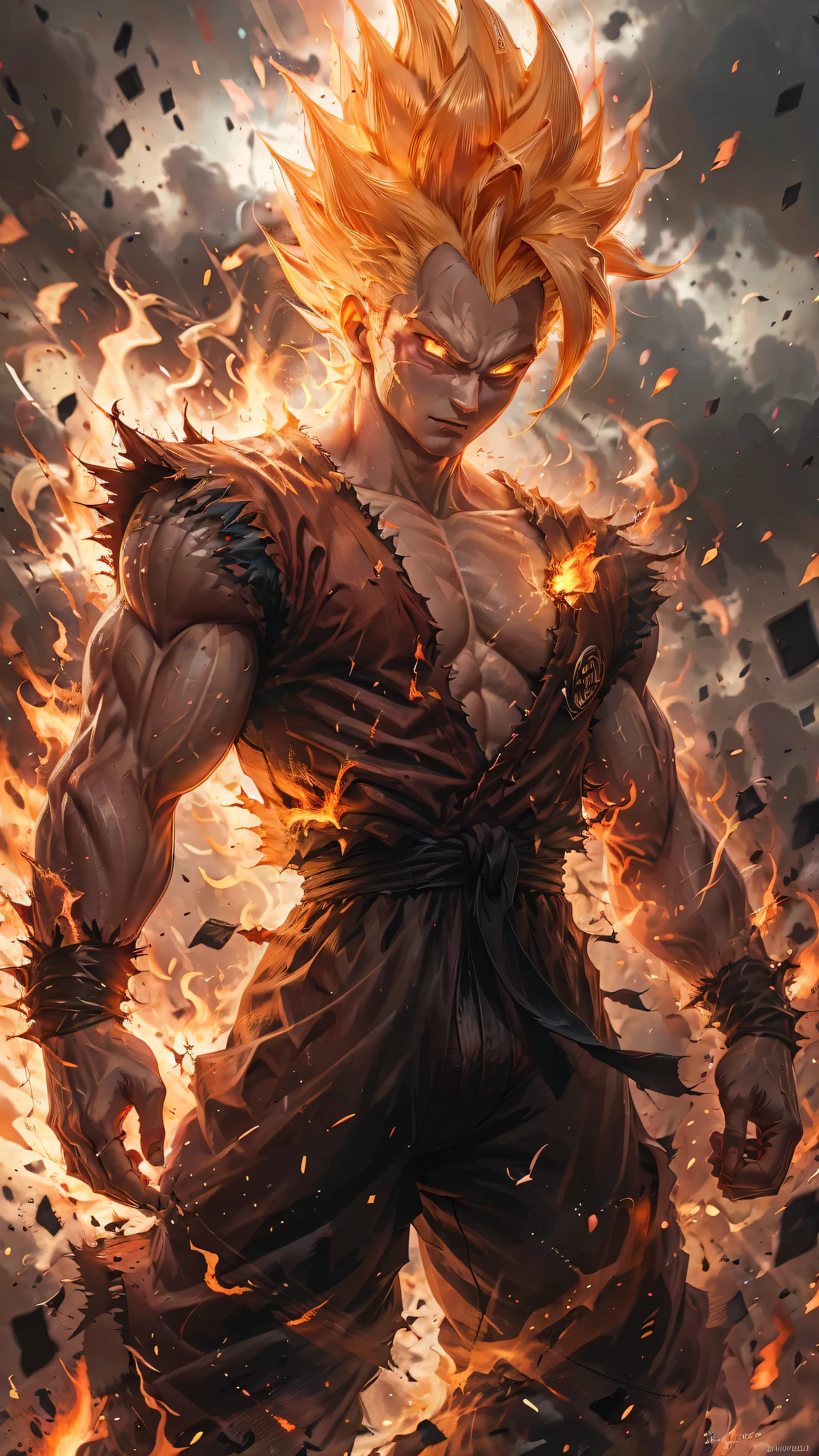 Super Saiyajin god,1 young boy,artist name,Aura,hair white ,clenched hand,clenched hands,wreckage,dougi,villany,embers,fire,mitts,Ablaze,male focus,muscular,orange and purpel mix background,standing alone,spiky hair,standing,teeths,torn garments,venat,