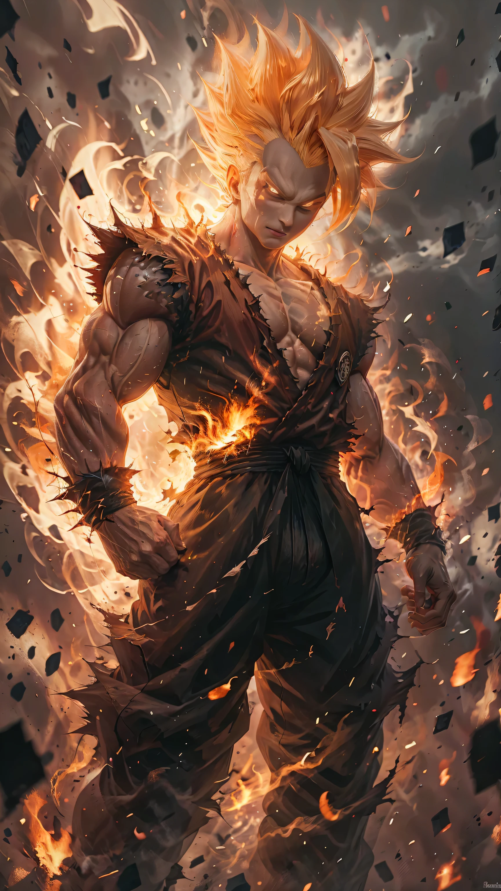 Super Saiyajin god,1 young boy,artist name,Aura,hair white ,clenched hand,clenched hands,wreckage,dougi,villany,embers,fire,mitts,Ablaze,male focus,muscular,orange and purpel mix background,standing alone,spiky hair,standing,teeths,torn garments,venat,