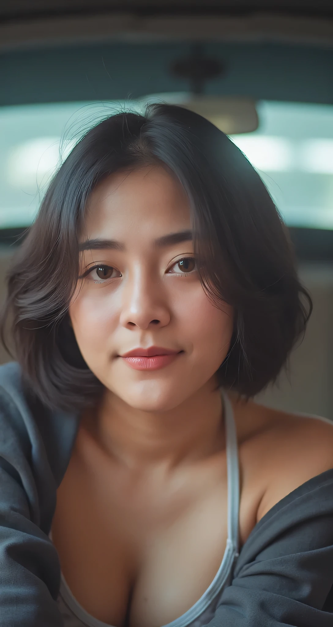 4k, masterpiece, best high quality, ultra-detailed, (ultra realistic:1.3), (clean photo:1.2), (ultra high resuliton:1.3), (soft lighting:1.2), (perfect image coloring), (bright lighting:1.2), indonesian face, beautiful face, perfect indonesian old woman, aged 34, (plump body), chest forward, smooth skin, thin smile, background Car garage at home, (A girl wearing tight long sleeve shirt, tight gym leggings), full body view photos, high nose, thick lips, (F-Cup huge breasts), randomly pose, ((wearing a pashmina hijab)), eyeballs wearing eye lenses, bulging eyes, ((sweaty wet body,)), ((sweat detailed realistic:1.3)), randomly seductive pose, wearing pashmina hijab