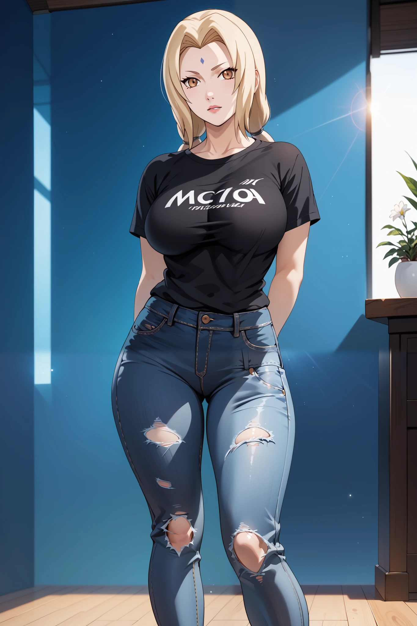 best quality, masterpiece, highres, 1girl,tsunade,((fullbody)),stand up,large breasts,arms behind back,sexy legs,black tshirt,ripped slimfit jeans,looking at viewers,front look,(high detailed skin:1.2), 8k uhd, dslr, soft lighting, high quality, Photograph, high resolution, 4k, 8k, Bokeh, plain white background