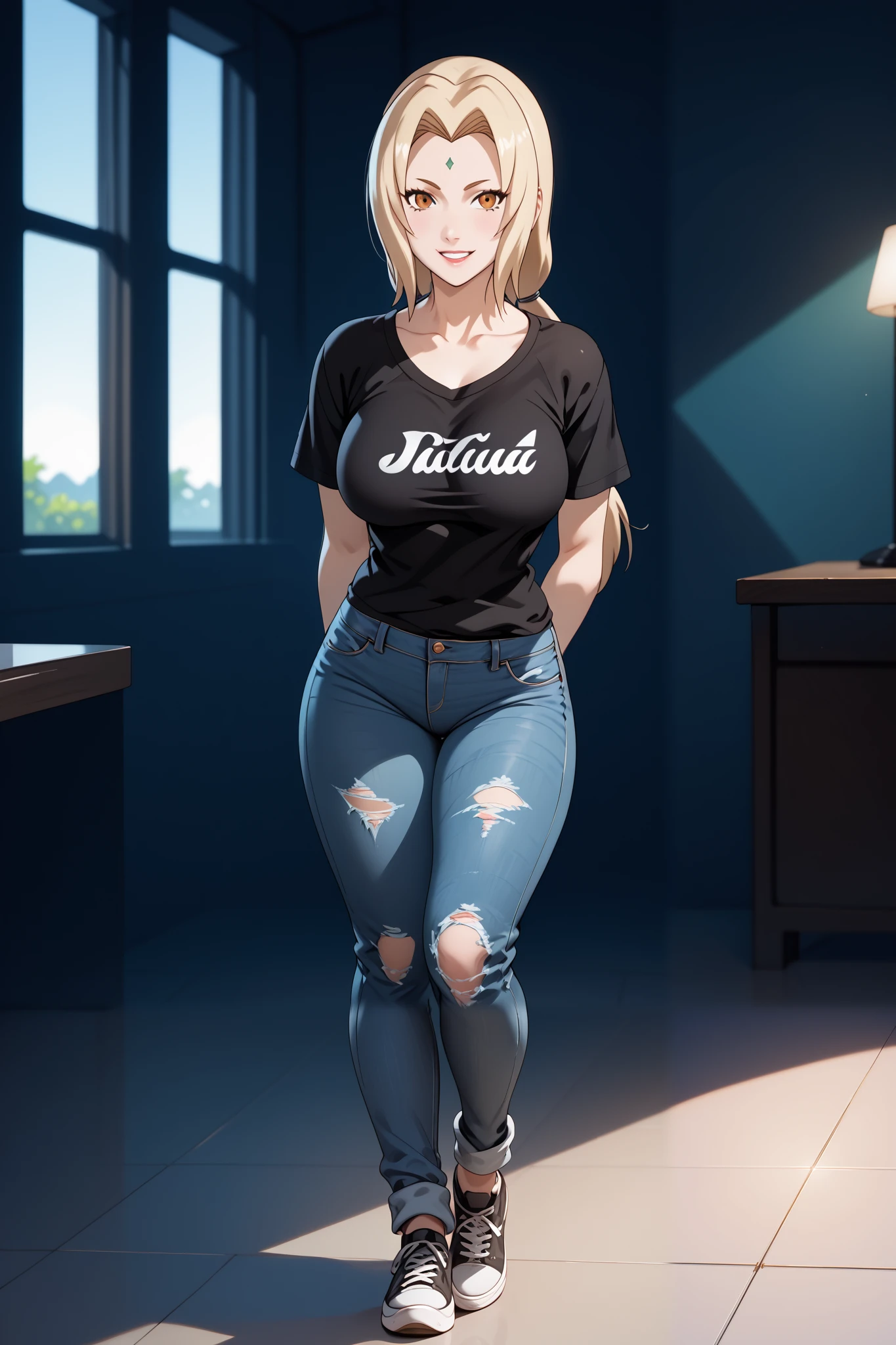 best quality, masterpiece, highres, 1girl,tsunade,((fullbody)),stand up,smile,large breasts,arms behind back,sexy legs,black tshirt,ripped slimfit jeans,looking at viewers,front look,(high detailed skin:1.2), 8k uhd, dslr, soft lighting, high quality, Photograph, high resolution, 4k, 8k, Bokeh, plain white background