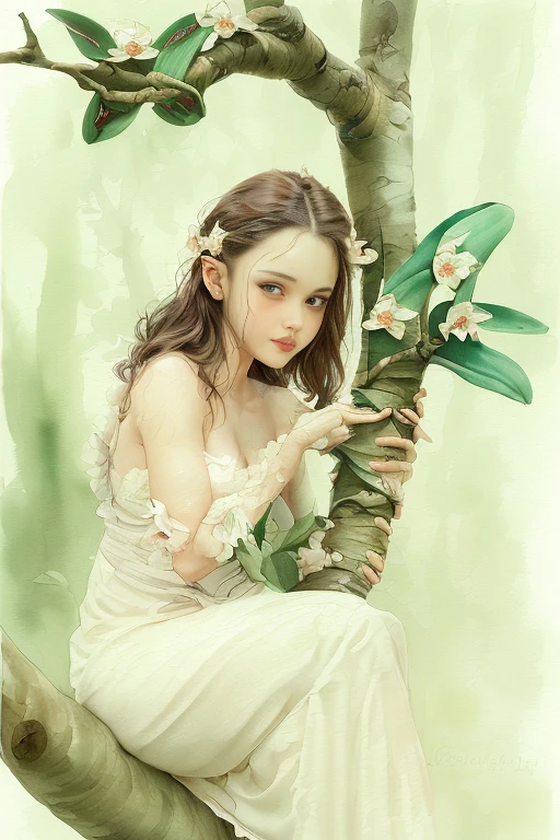 ((Cattleya, Three flowers , close,  full body , ))、( Elf sitting on a tree branch、 short hair、 A gentle smile 、 small breasts)、Soft Focus、(( Sargent style watercolor ))、(( white background))、(Bottomless)、blur the background、( higher quality 、 High resolution 、  masterpiece )、4K anime art、
