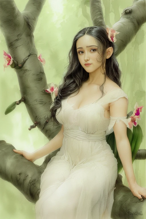 ((Cattleya, Three flowers , close,  full body , ))、( Elf sitting on a tree branch、 short hair、 A gentle smile 、 small breasts)、Soft Focus、(( Sargent style watercolor ))、(( white background))、(Bottomless)、blur the background、( higher quality 、 High resolution 、  masterpiece )、4K anime art、
