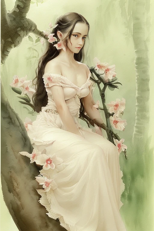 ((Cattleya, Three flowers , close,  full body , ))、( Elf sitting on a tree branch、 short hair、 A gentle smile 、 small breasts)、Soft Focus、(( Sargent style watercolor ))、(( white background))、(Bottomless)、blur the background、( higher quality 、 High resolution 、  masterpiece )、4K anime art、
