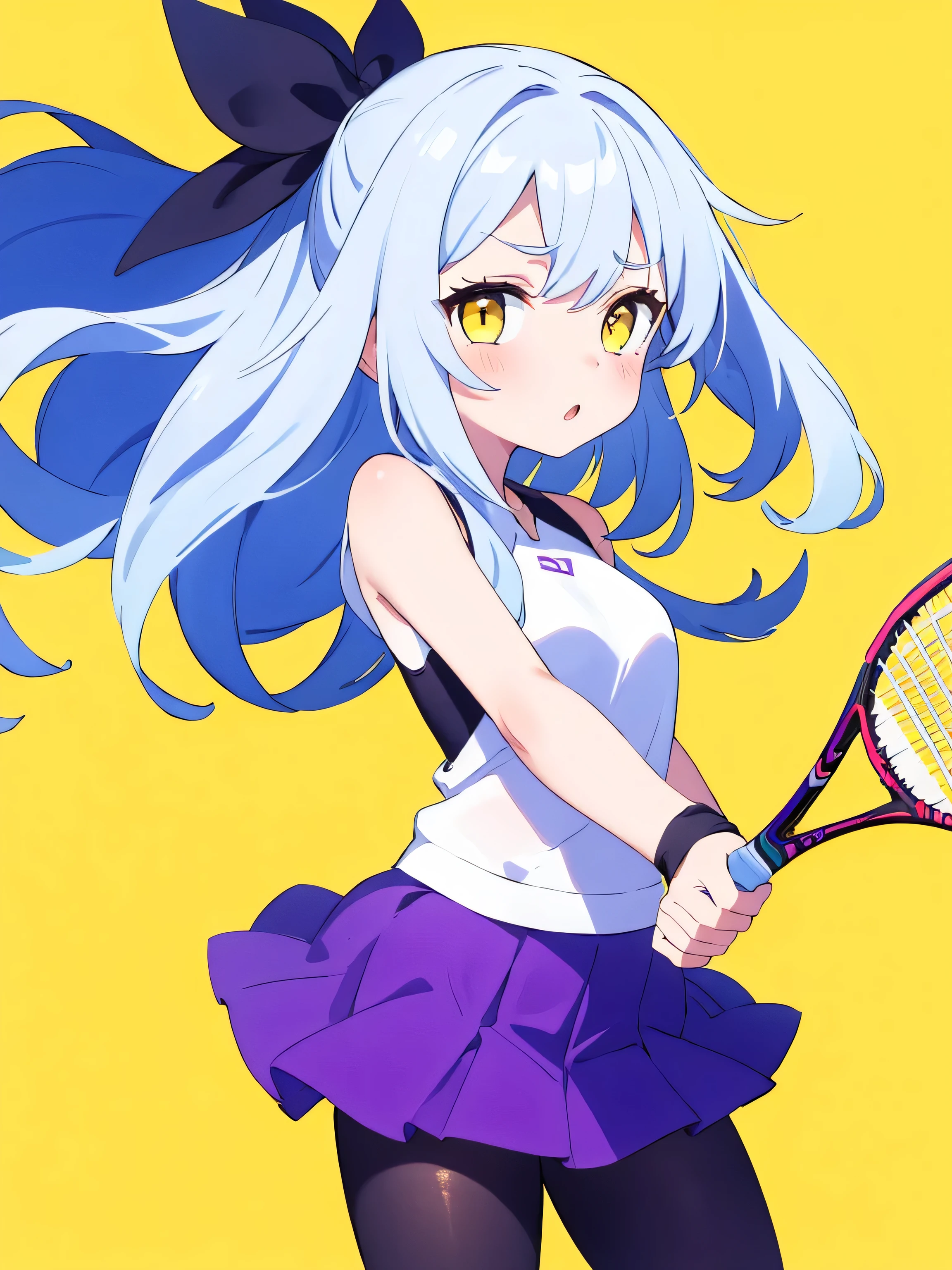 1 girl, cute, young, white hair, twintail, blue eyes, tennis wear, thigh high,