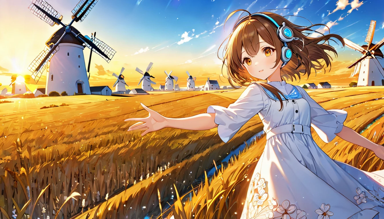 background： White windmills line up on the expansive prairie 、 with light blue as the base color 。  
expression：穏やかな微笑みで looking up at the sky。  
Costume： casual dress 。  
 pose： I suddenly stopped while walking towards the windmills、 looking up at the sky。  
scene：( Brown-haired girl with headphones ), (Scenery of the spreading prairie and white windmills ), (glowing:1.4), ( very detailed , masterpiece,  top quality,  bright ), ( anime style), ( upper body or close-up ), ( orange eyes), (masterpiece:1.2), (best quality), (ultra detailed), (extremely detailed), (absolutely resolution), absurdres, 8k, 1girl, beautiful-landscape-background, shiny skin, break, ultra detailed eyes, bobcut。  
